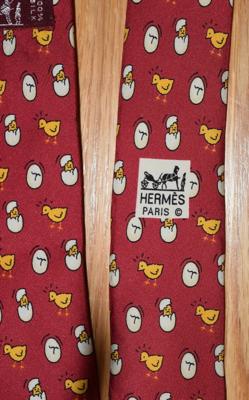 Hermes Silk Neck Tie Chick Egg Hatching Chicken Bird Red 7532 Preppy France 57″