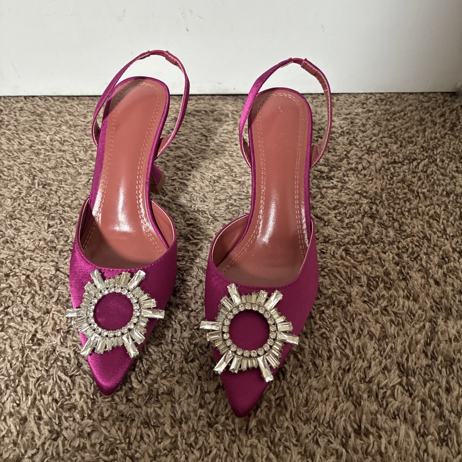 Luxury Dress Fluted Heel Size 8.5 Satin Pointed Slingback w/ Crystal-Sunflower