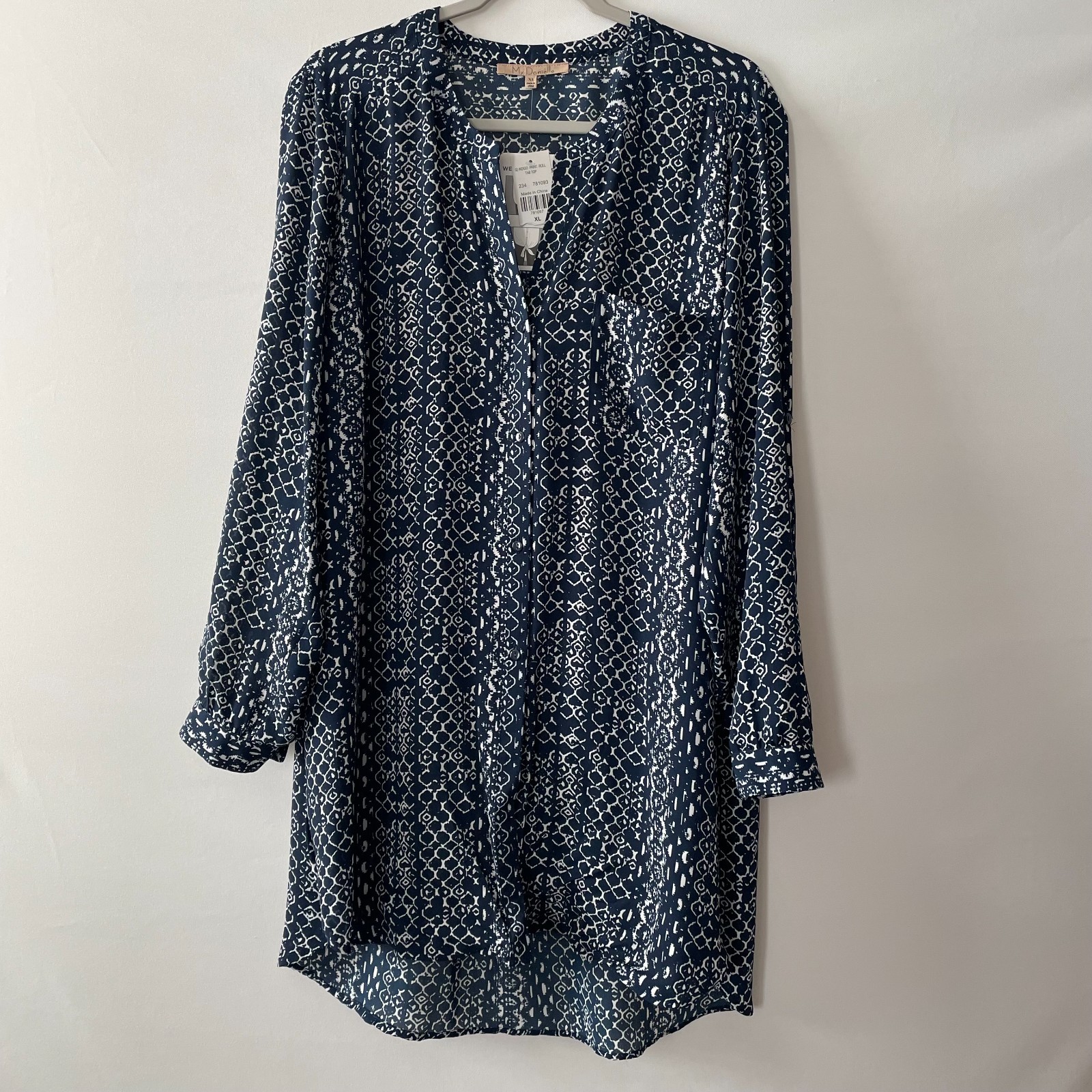 NWT Mv Danielle Womens Indigo Blue Snake Print Roll Tab Sleeve Tunic Top Size XL
