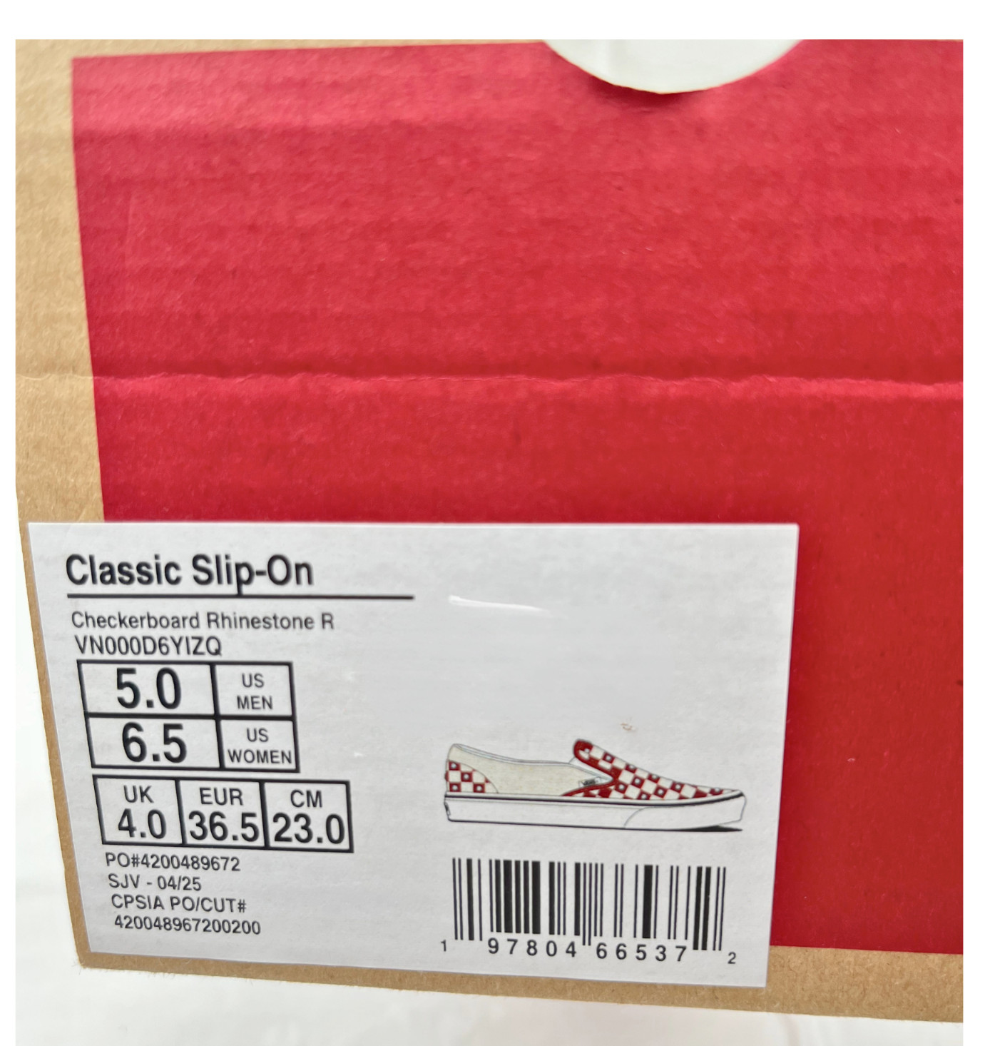 Vans Classic Slip-On Checkerboard Rhinestone Red Beige Canvas Women’s 6.5 NIB