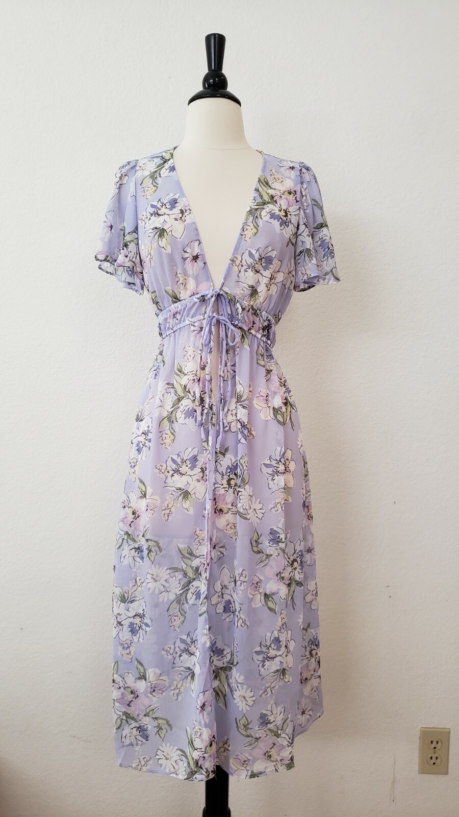 Anthropologie Top New Size Medium Purple Kimono Floral Sheer Chiffon Coquette