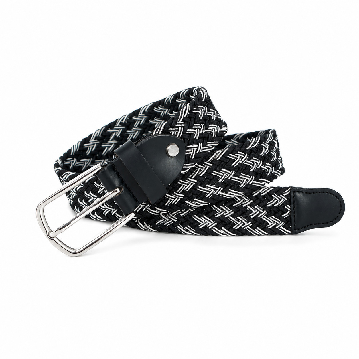 Men Braided Stretch Belt Elastic Woven Belt Leather Ends Casual Waist Belt