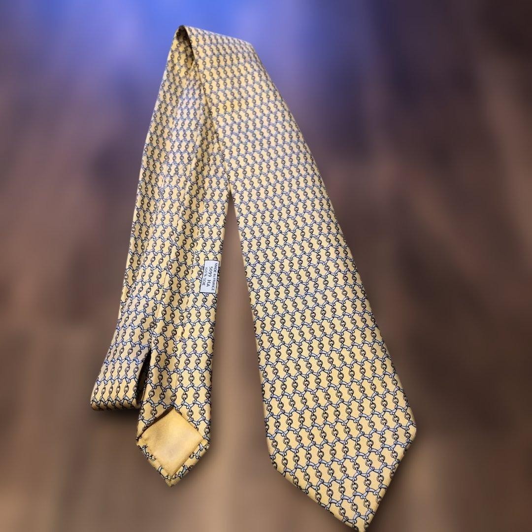 HERMES Silk 100% Necktie Chain Pattern Yellow Blue Gray 9cm New