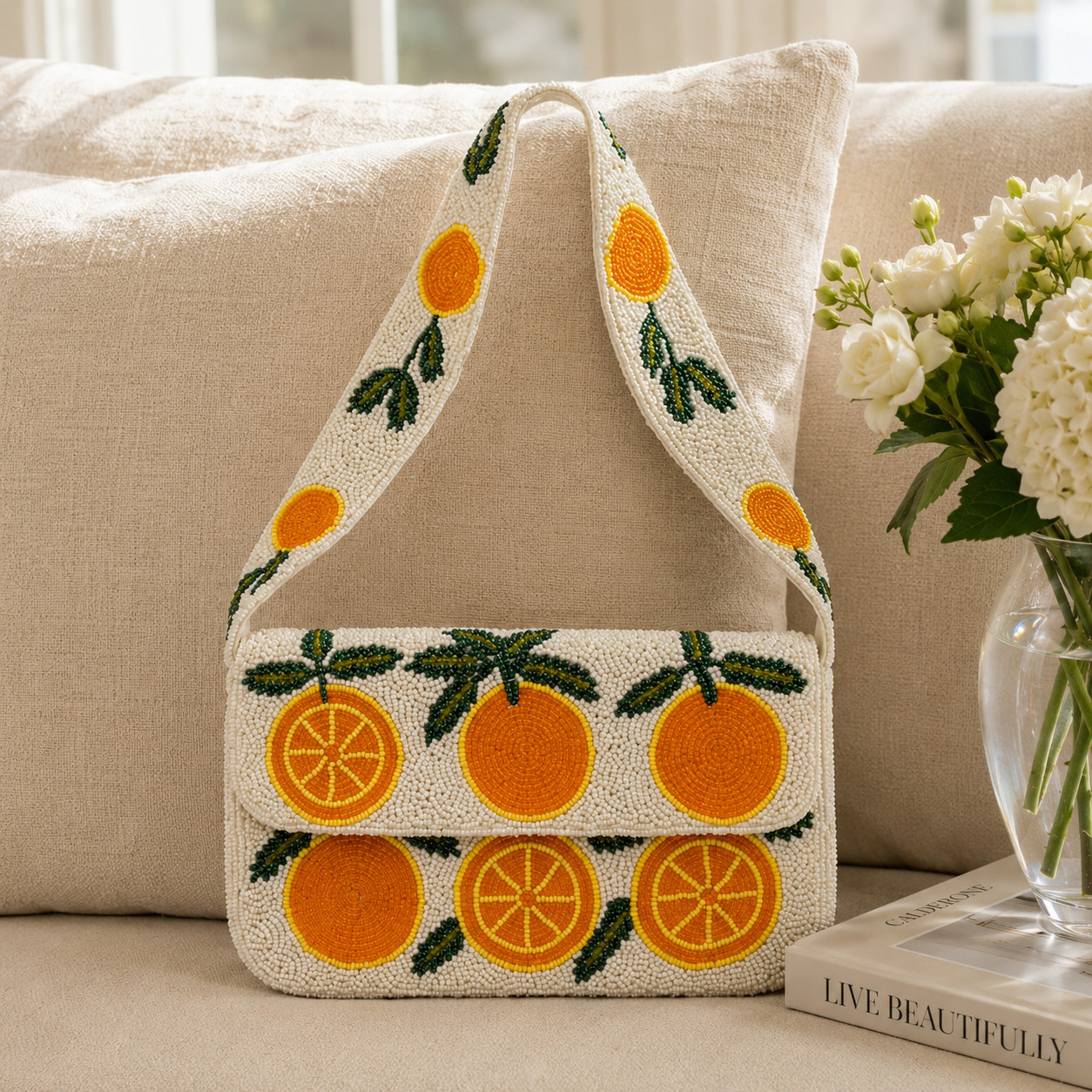 Handmade Beaded Orange Fruit Shoulder Bag Women White Clutch Purse Magnetic