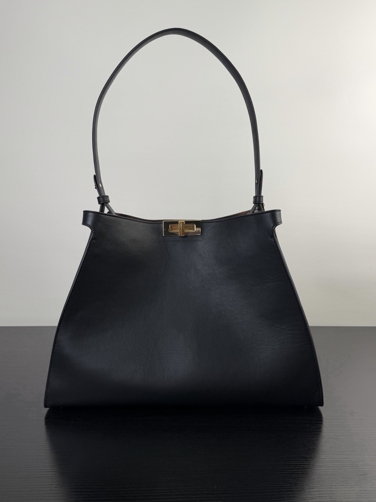 Fendi Black Shoulder Bag Gold Hardware Shoulder Strap Inner Pockets Brown Lining