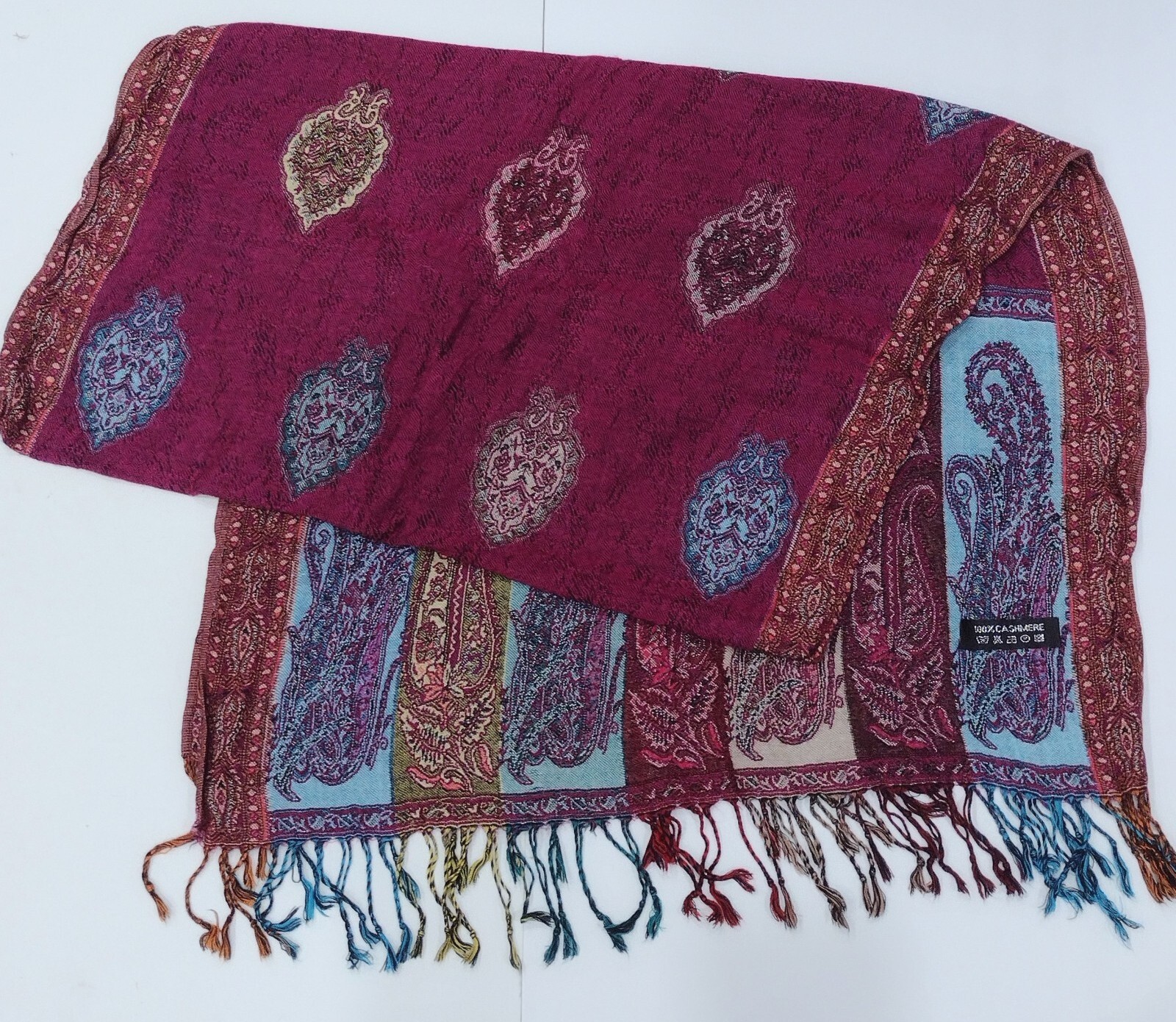 Womens 100% Cashmere Pashmina Wrap Multi Colored Paisley Fringe Afghanistan