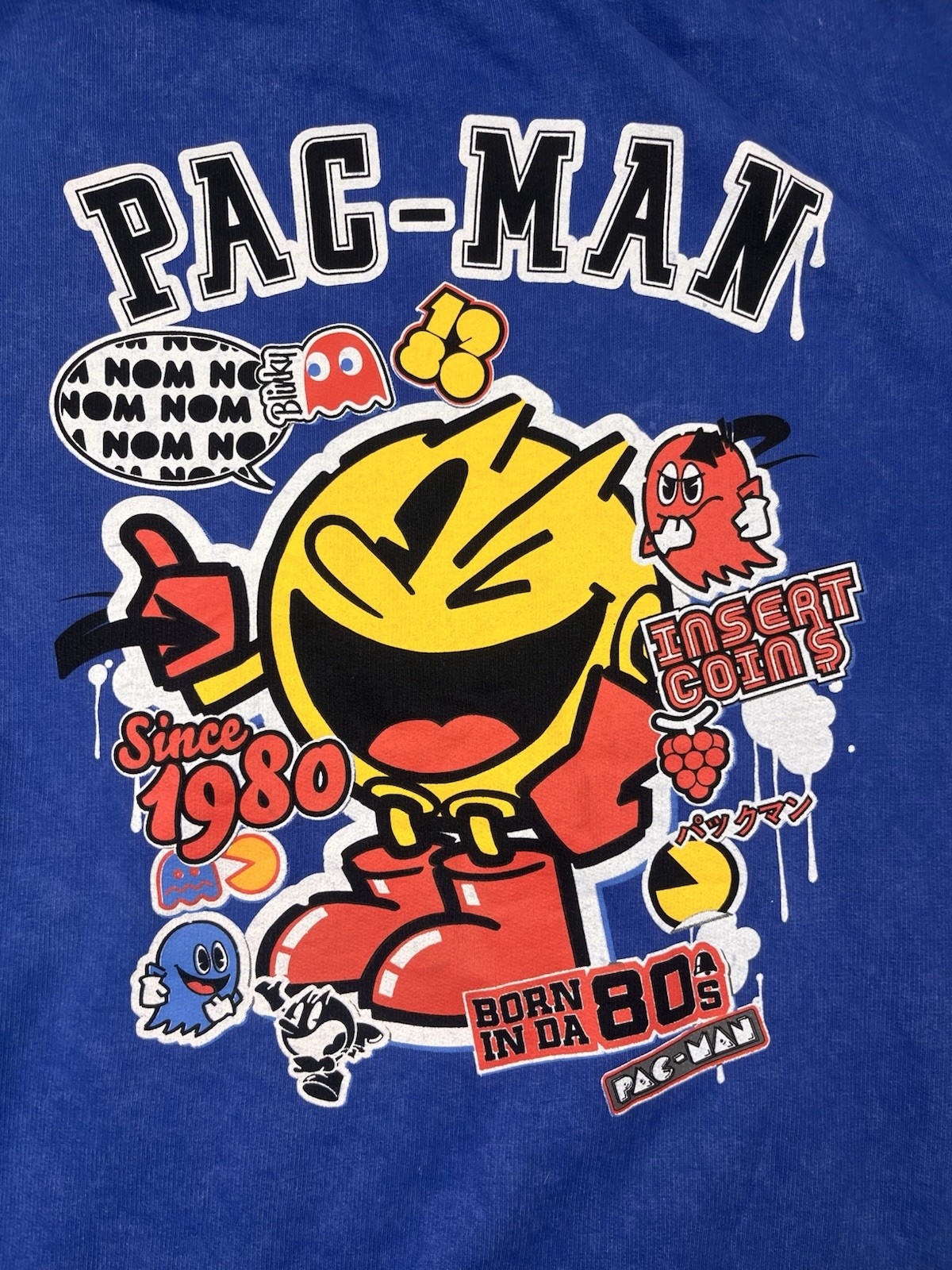 Retro Japanese Pac-Man Hoodie Large Blue Pull Over Long Sleeve Comfy wear Print