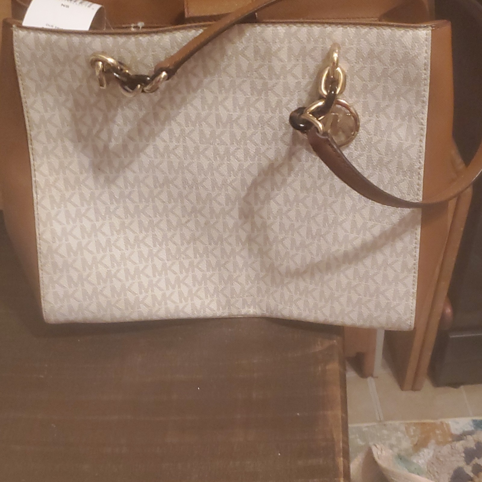Michael Kors Signature Logo Tote Bag Large Zip Lined Inner Pockets Brown Beige