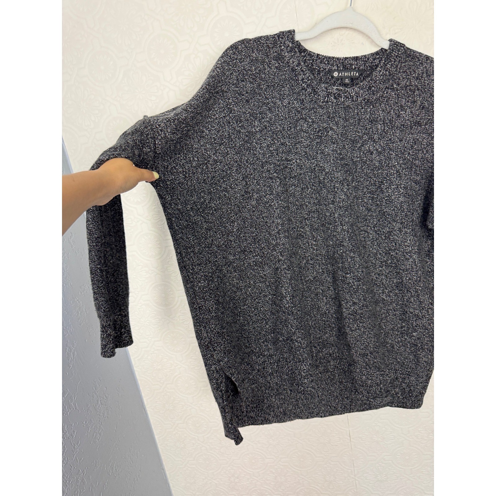 Athleta Womens Wool Cashmere Marled Knit Crewneck Sweater Black White Size M
