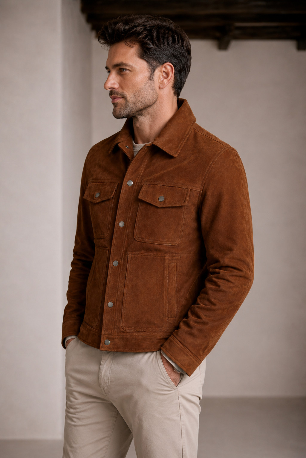 Men’s Genuine Brown Suede Leather Jacket – Western Classic – Button Shirt Coat