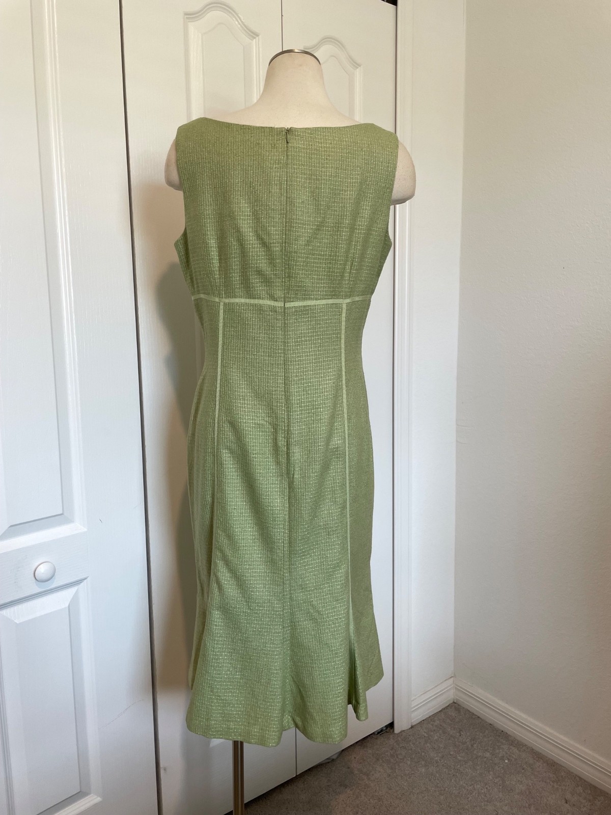 Vintage Talbots Classic Green Tweed Sleeveless Dress Ribbon + Ruffle Hem Size 12
