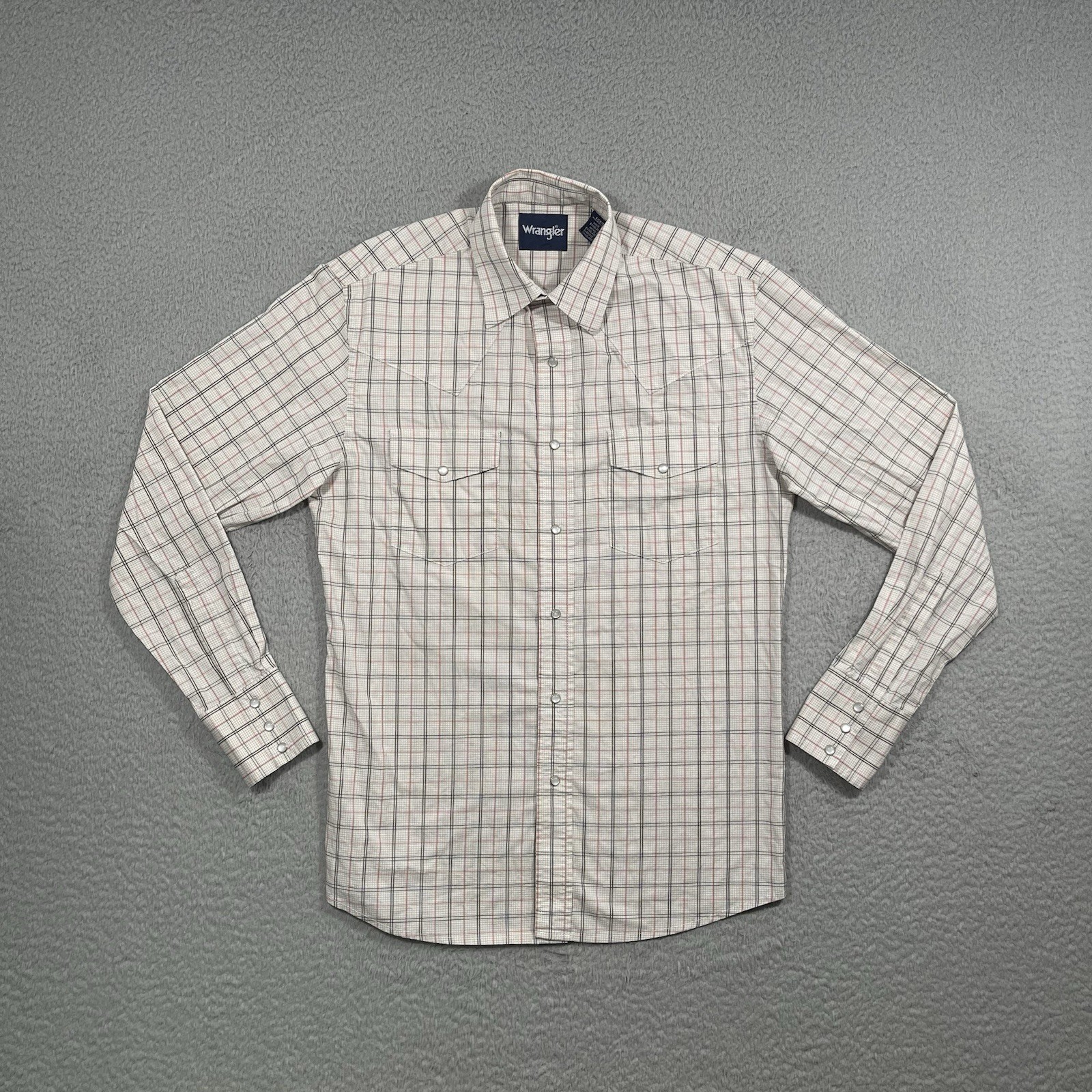 Wrangler Pearl Snap Shirt Mens Small Western Beige Red Plaid Cowboy Rodeo