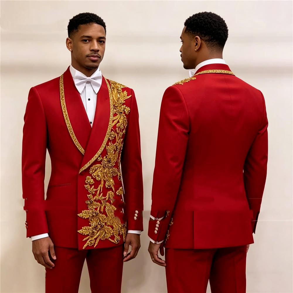 Gold Rhinestone Men Suit Shawl Lapel Red Prom Outfits Double Vents Jacket Pants