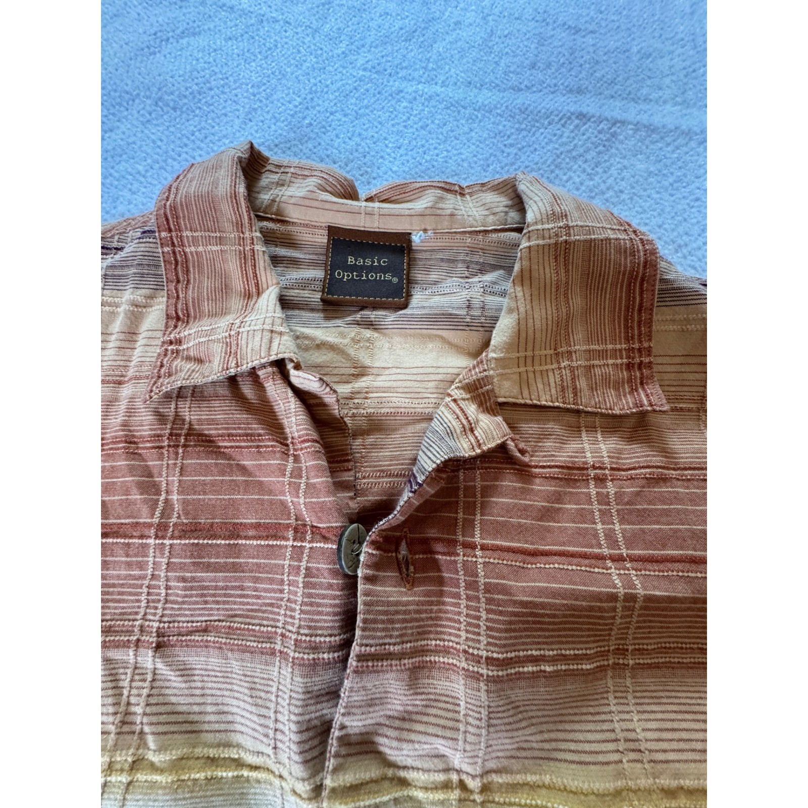 Basic Options Mens Short Sleeve Button Down Shirt Earth Tone Striped Textured XL