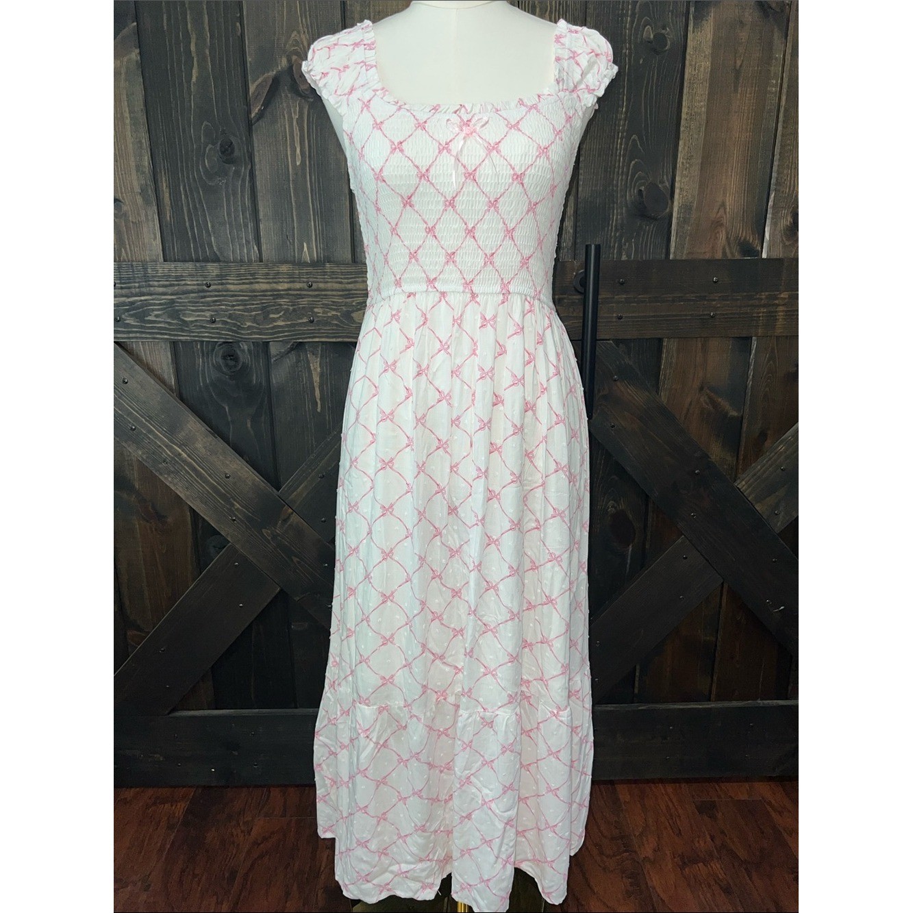 NWT White Ruffle Maxi Dress M Pink Ribbon & Bows Smocked Tiered Boho Coquette