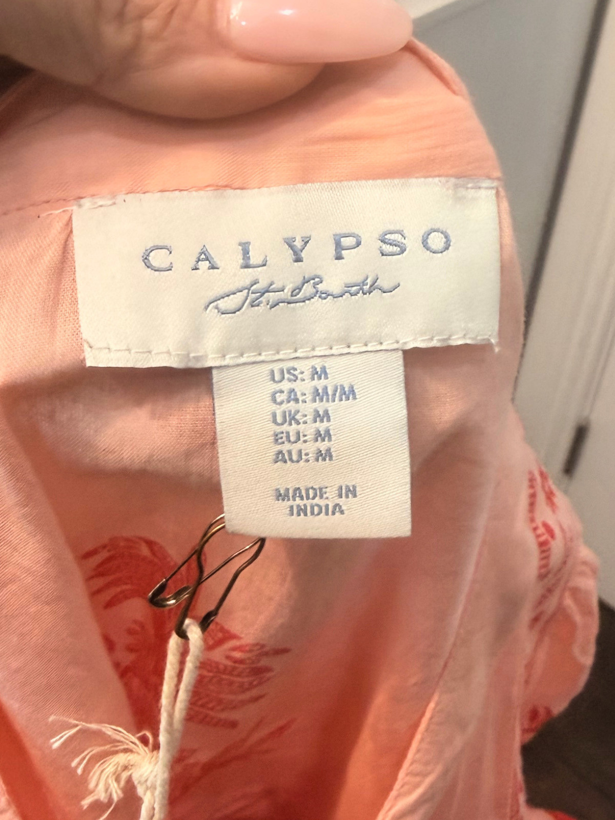 Calypso St. Barth Womens Boho Peasant Beach Blouse Top Peach Palm Tree Design M