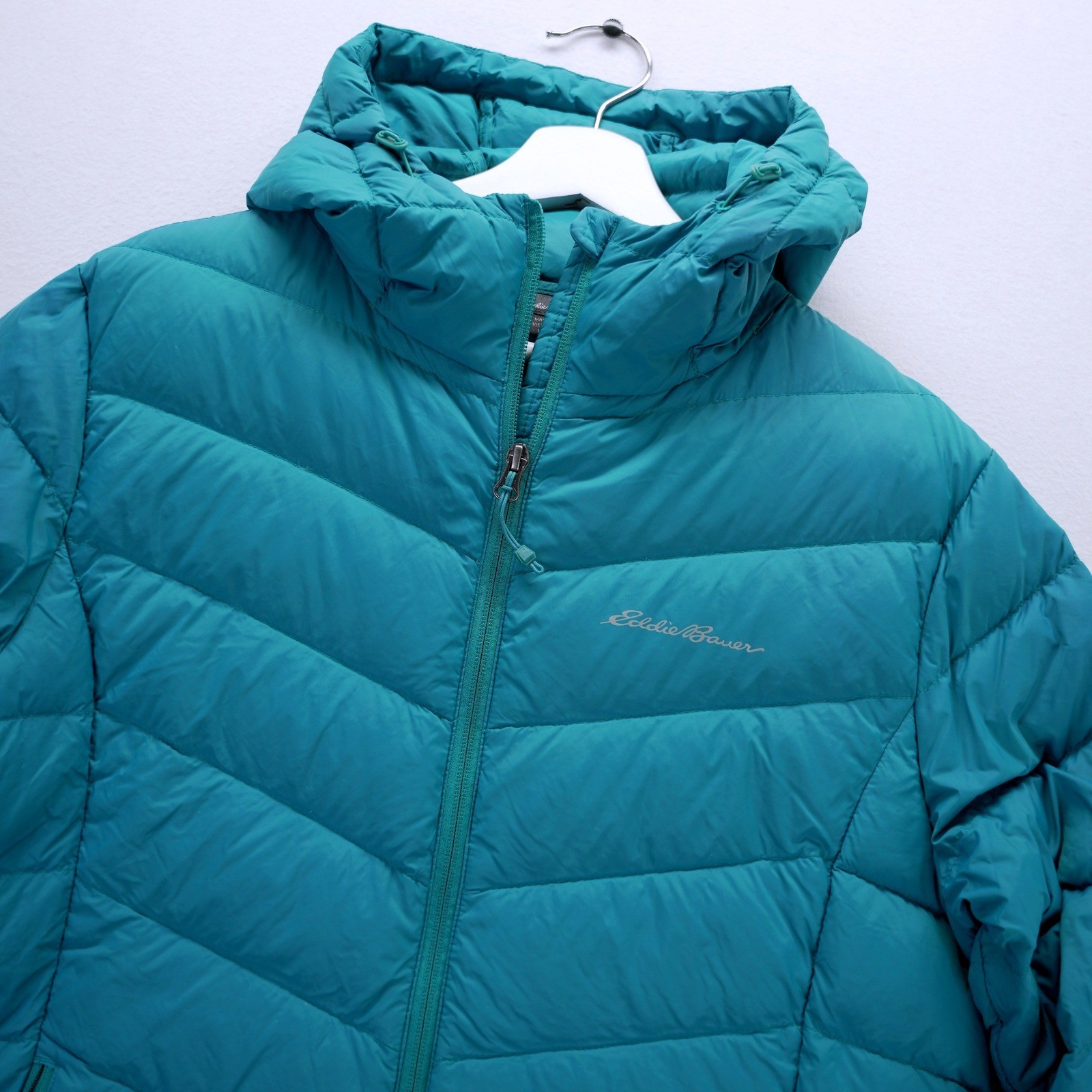 Eddie Bauer EB650 Teal Blue Down Puffer Jacket Hooded Womens Large L Full Zip