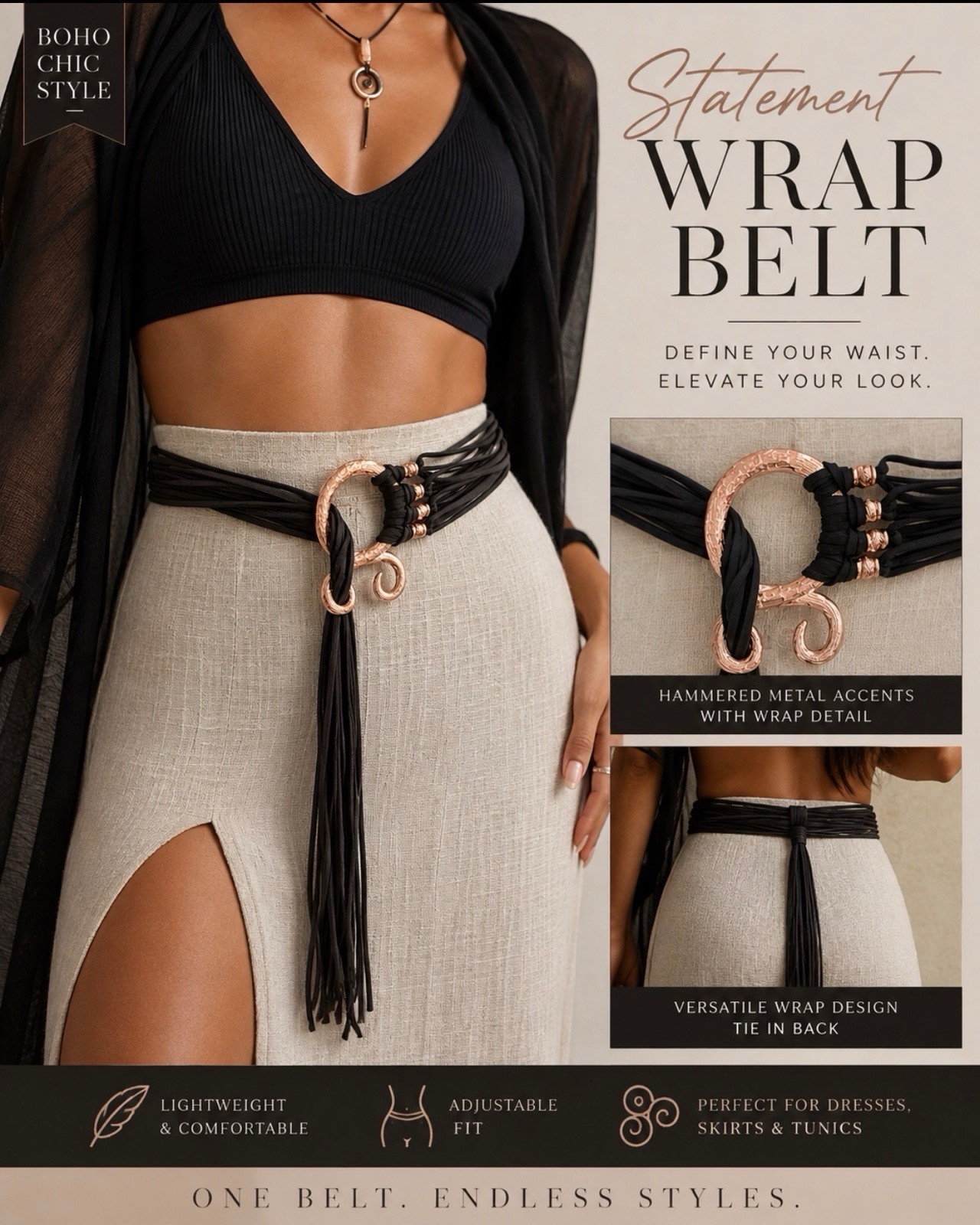 Black wrap belt with rose gold accents and tassels #boho #statement