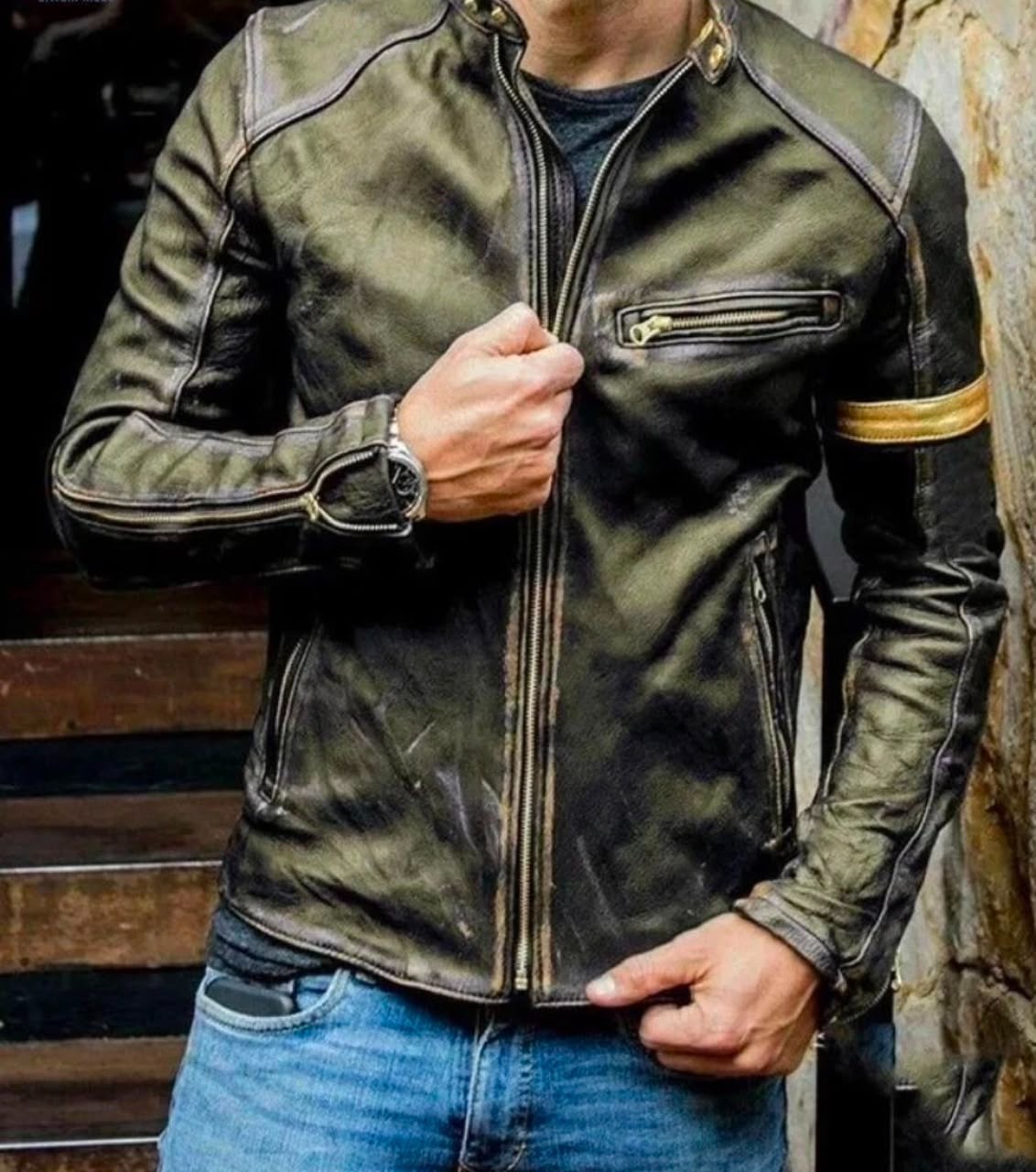 Men’s Cafe Racer Vintage Distressed Black Leather Jacket Motorcycle Biker Retro