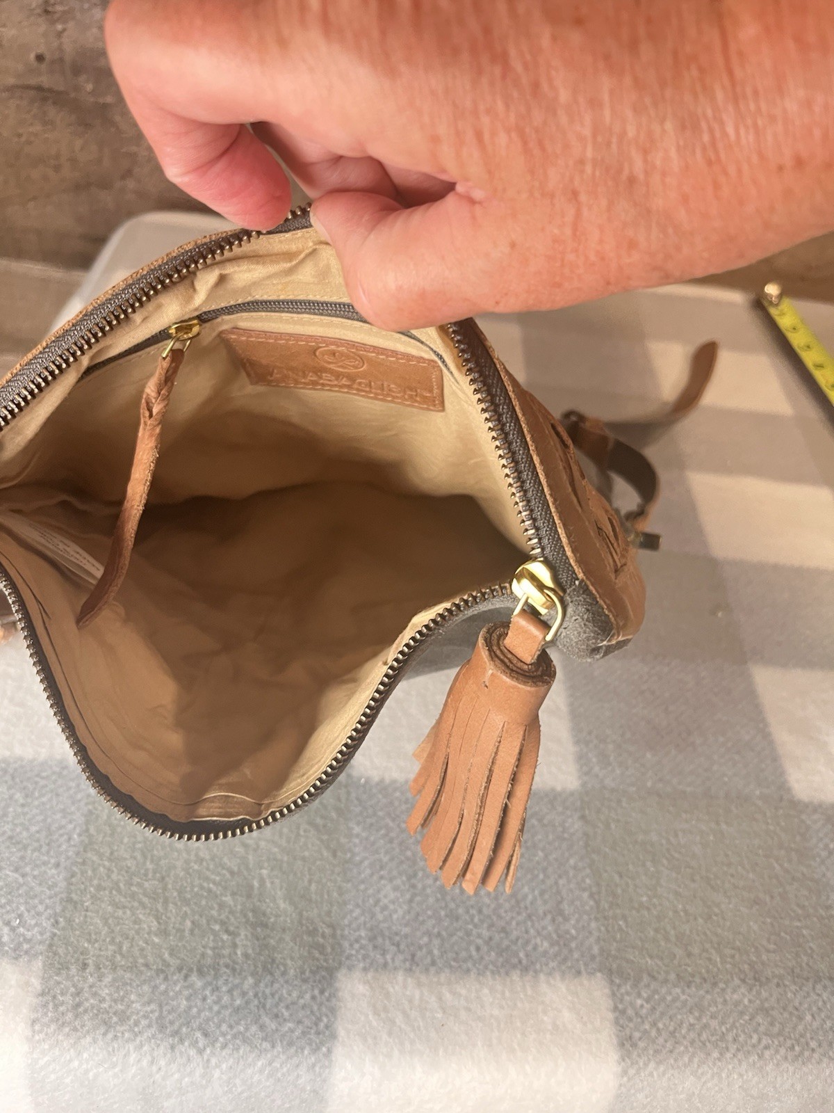 Anabaglish Leather Suede Woven Foldover Crossbody Bag Tassel Boho Brown/Gray