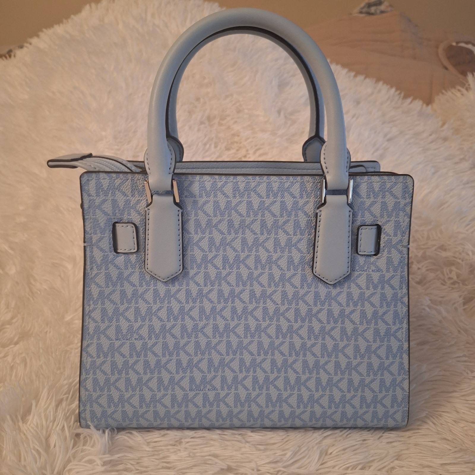 Michael Kors Hamilton Blue Monogram Satchel Top Handle Zip w/ Detachable Strap