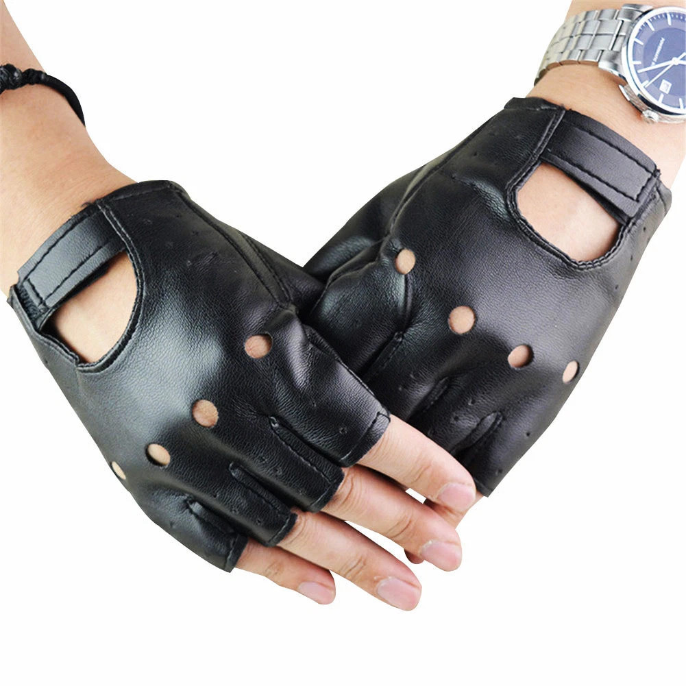 2× Men’s Black Motorcycle Fingerless Leather Half Finger Driving Biker Gloves US