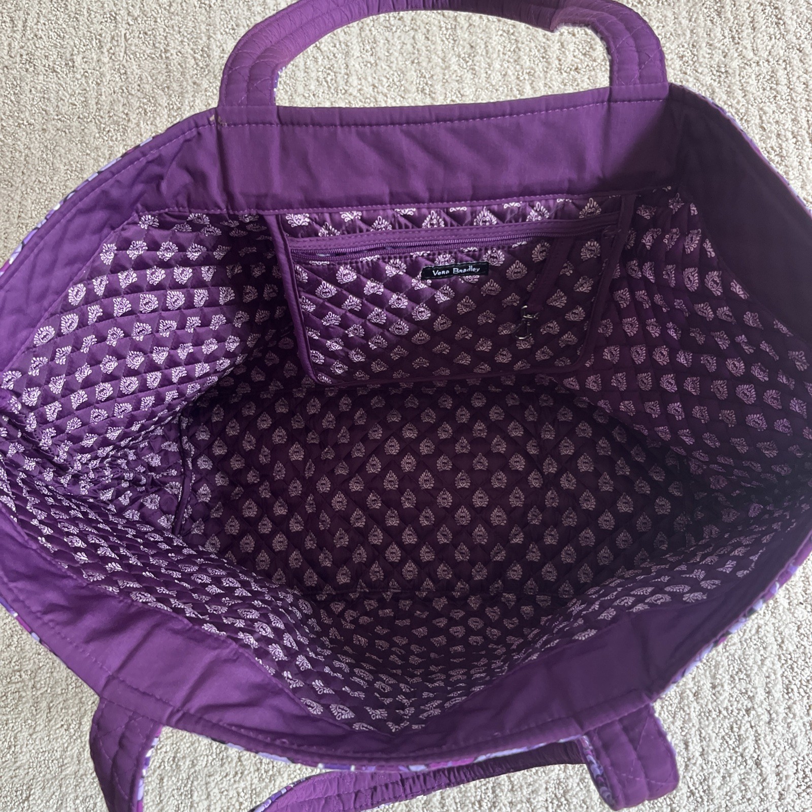 Vera Bradley Purple Floral Quilted Tote Bag, Lined Inner Pockets, Double Handles