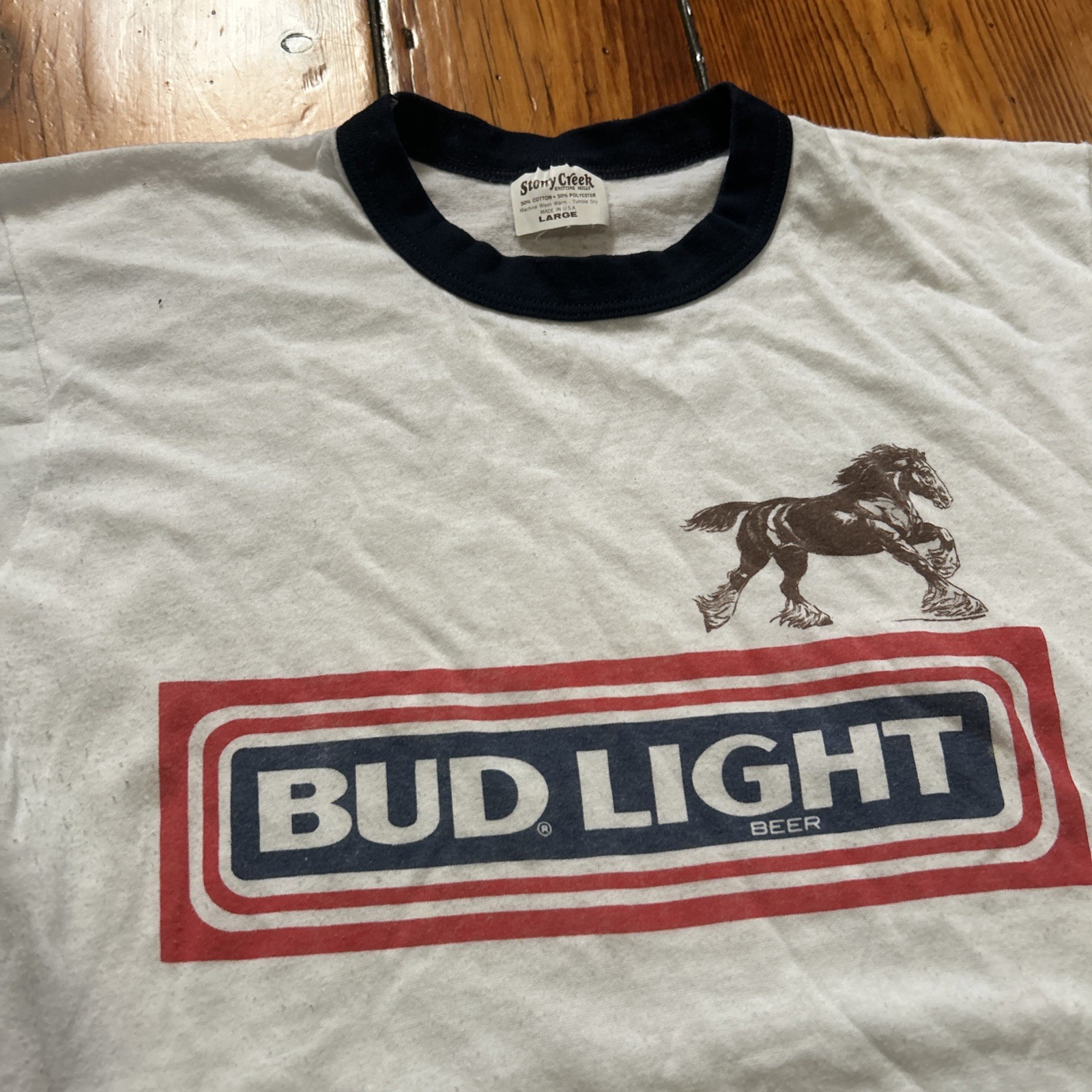 Budweiser Bud Light Clydesdale Vintage Ringer Shirt 80s Size Large USA
