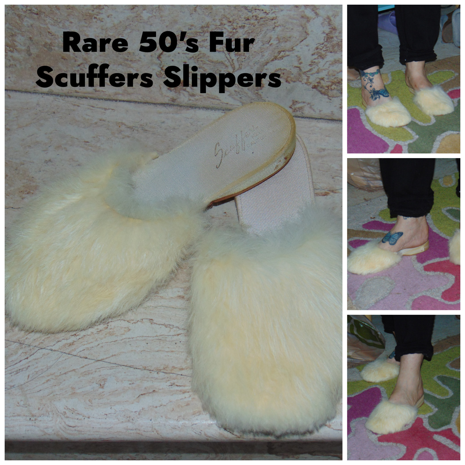 RARE * Vintage MCM ” Scuffers ” California Real Off White Fur House Slippers *
