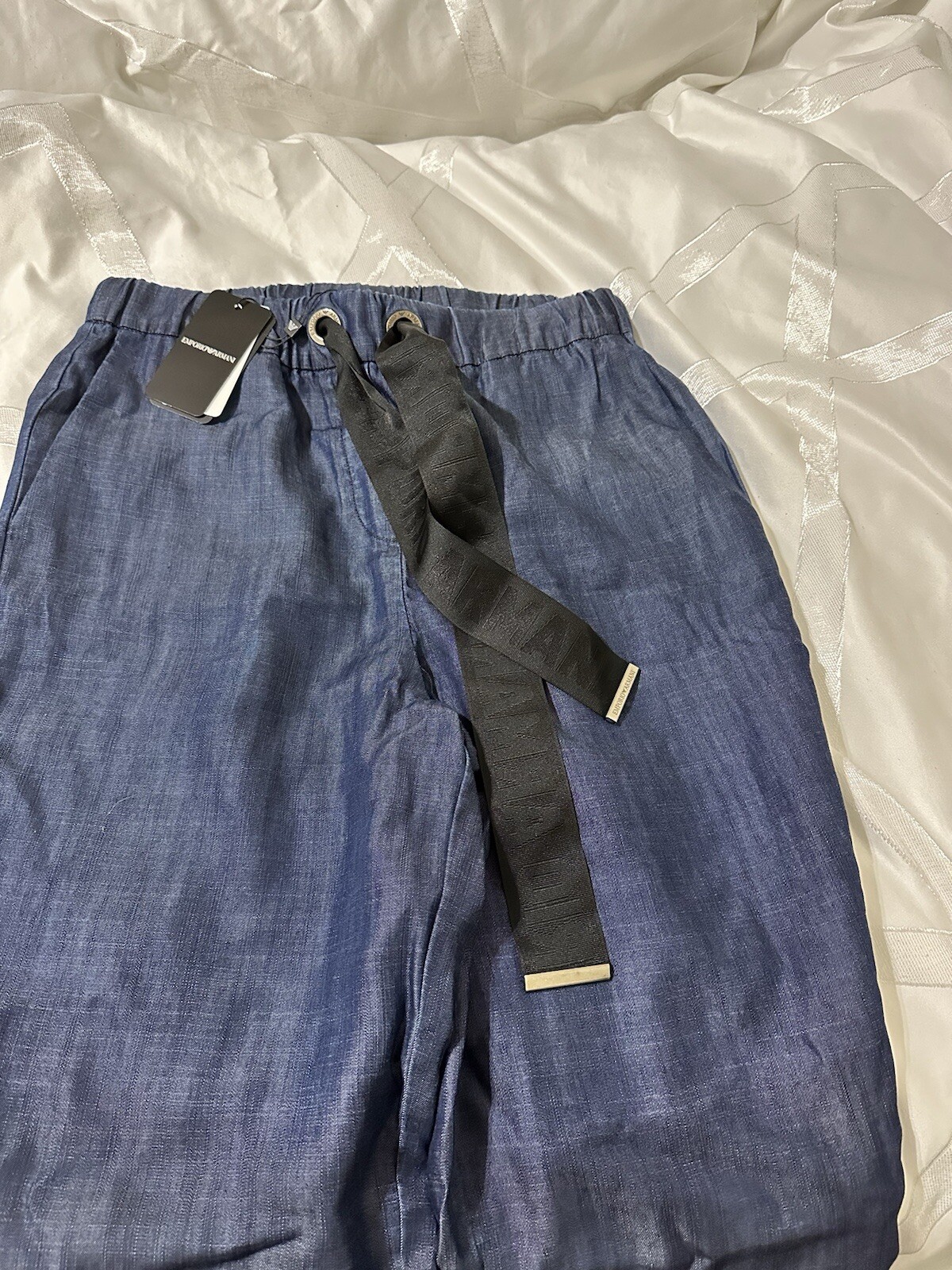 Emporio Armani Tailored Chambray Denim Straight Leg Pleated Trousers Uk 8 IT 40