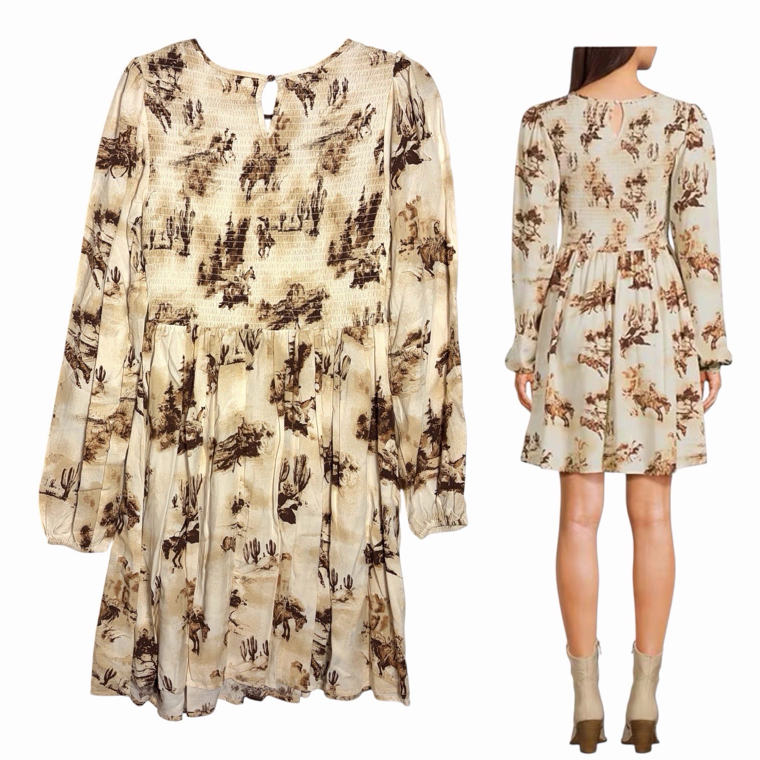 NWT Wrangler Retro Western Printed Long Sleeve Smocked Fit Flare Dress Junior M