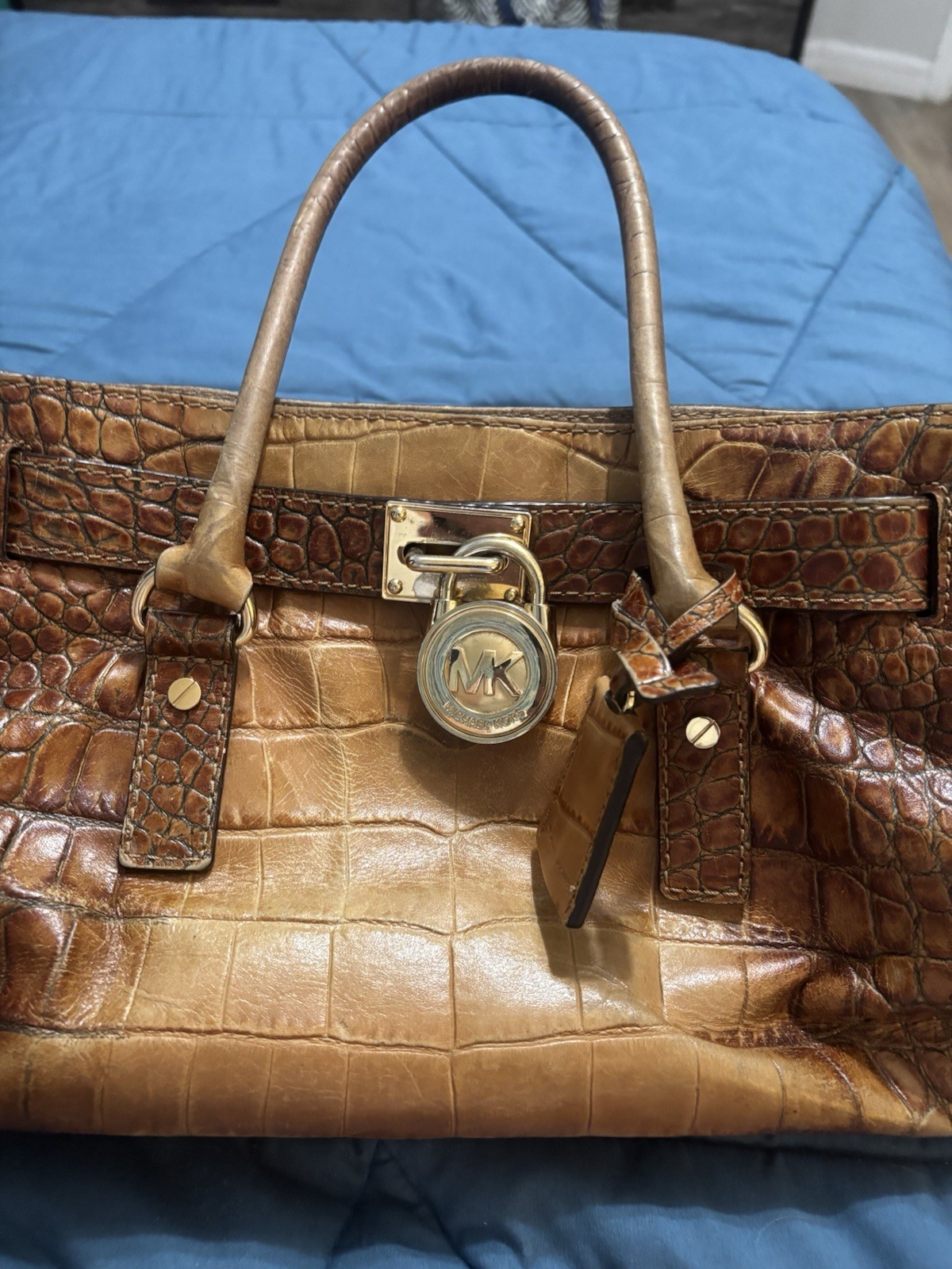 Michael Kors Brown Croc Embossed Satchel Top Handle Chain Strap Snap