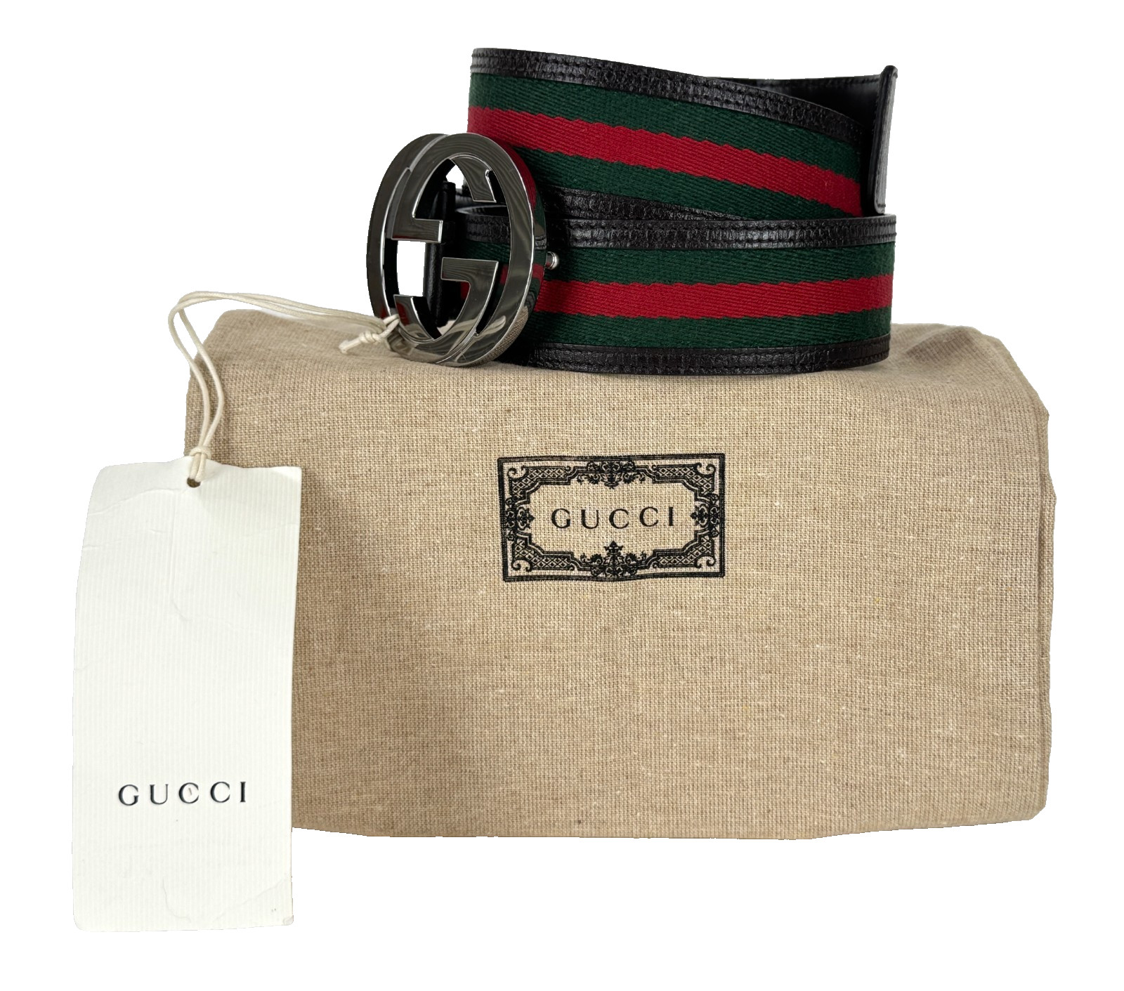 Gucci Auth Web Belt 80 cm 32 in Silver GG Red Green Fabric Brown Leather Runway
