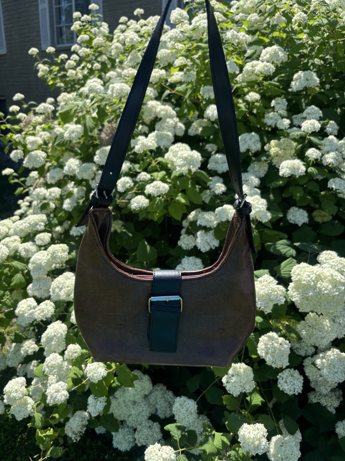 Women’s Brown Solid Crescent Shoulder Bag Black Strap Silver Buckle Accent