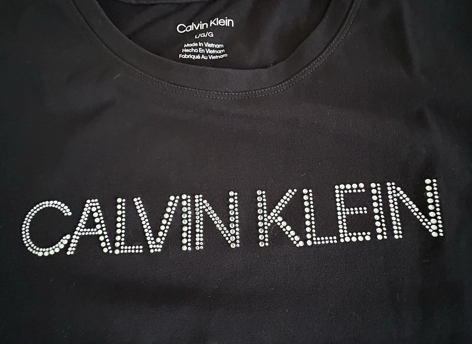 Calvin Klein T Shirt Womens Large Black Rhinestone Studded Logo Graphic Tee L