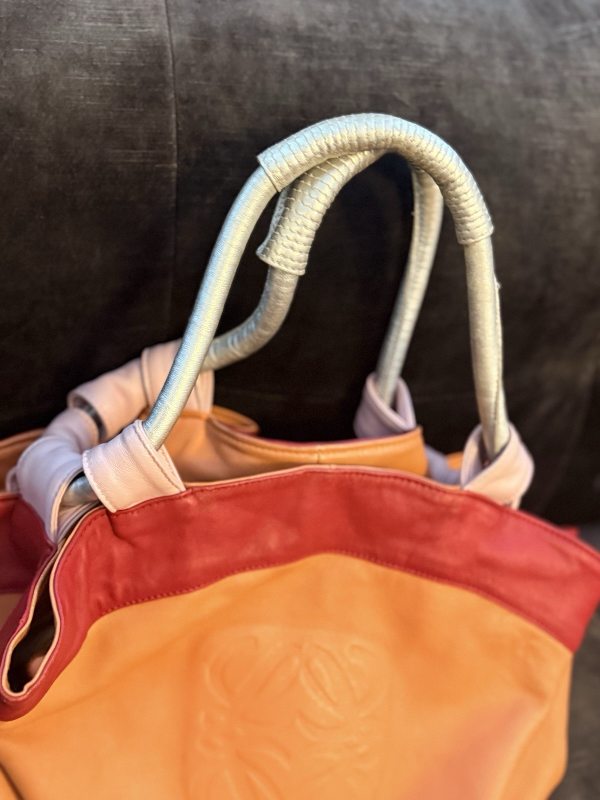 LOEWE ORANGE RED PINK SILVER LAMBSKIN NAPPA AIRE TOTE HANDBAG – Rare.