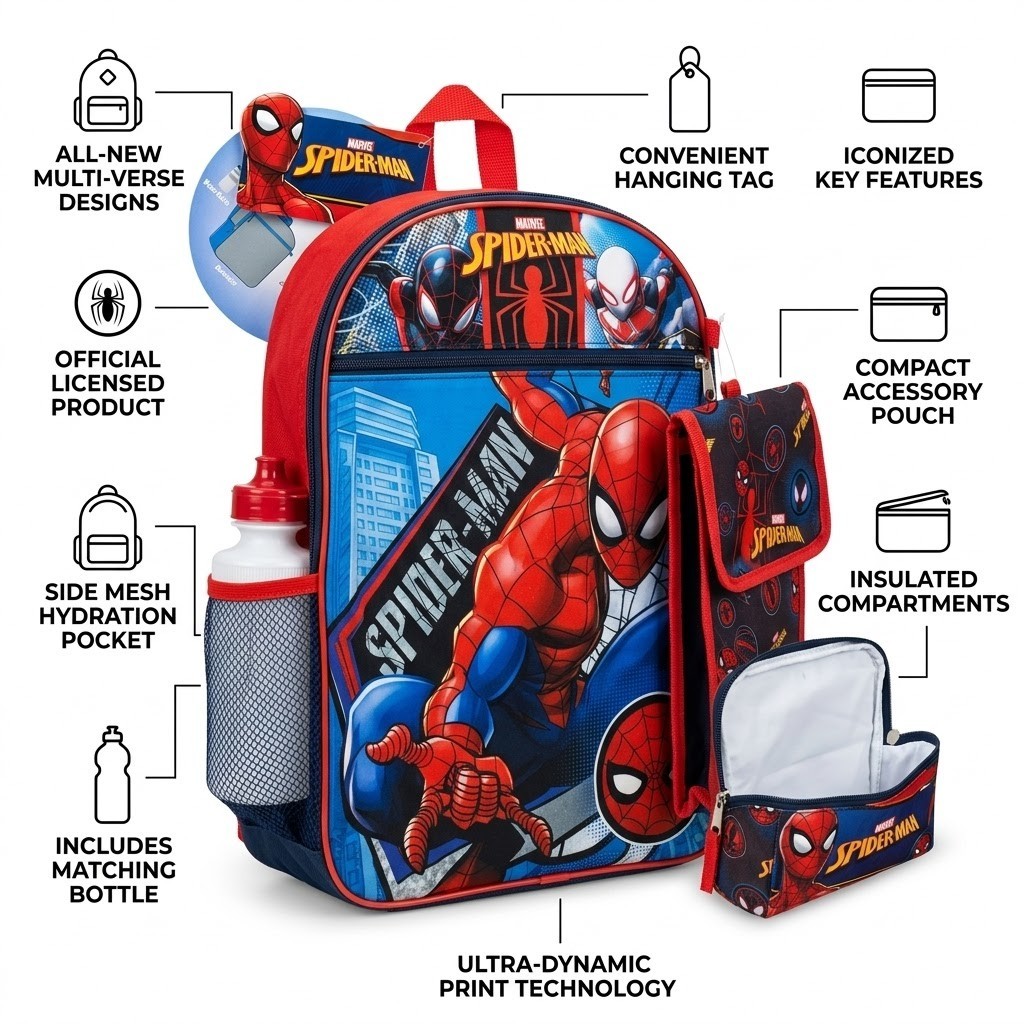 Fast Forward Marvel SpiderMan 5 Piece Kids School Backpack & Lunch Set