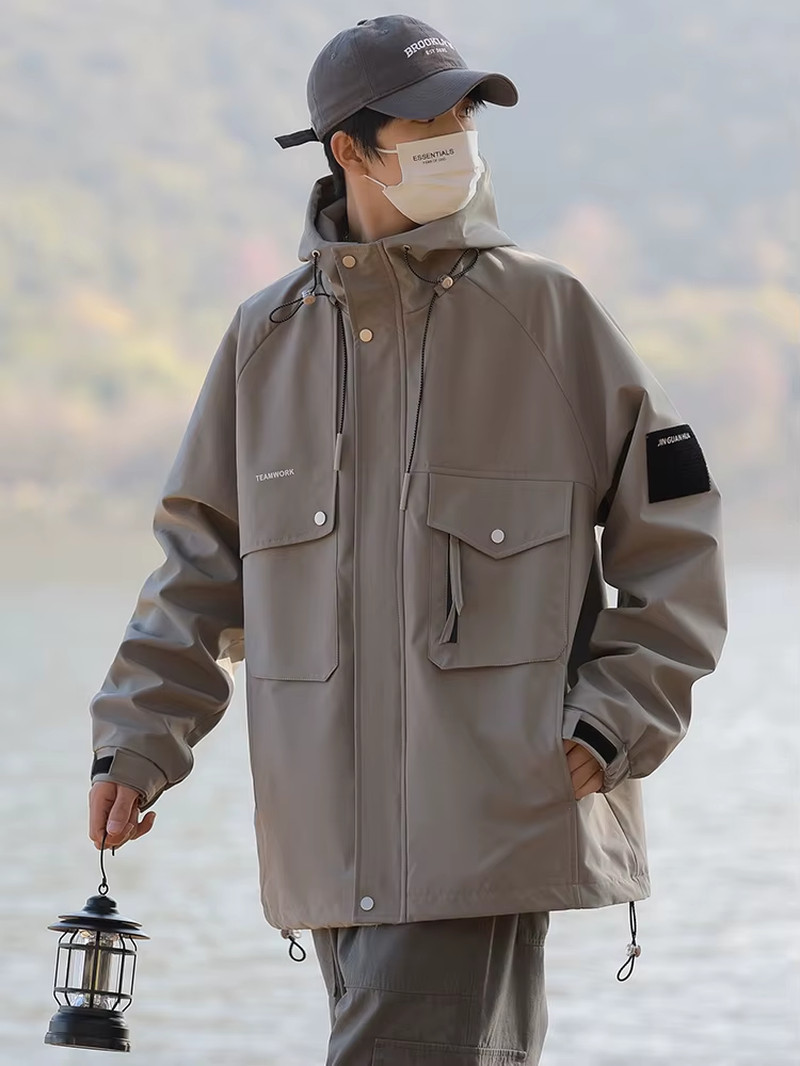 2024 New Spring Jacket Men Korean Fashion Unisex Hooded Windbreaker Multi-Pocket
