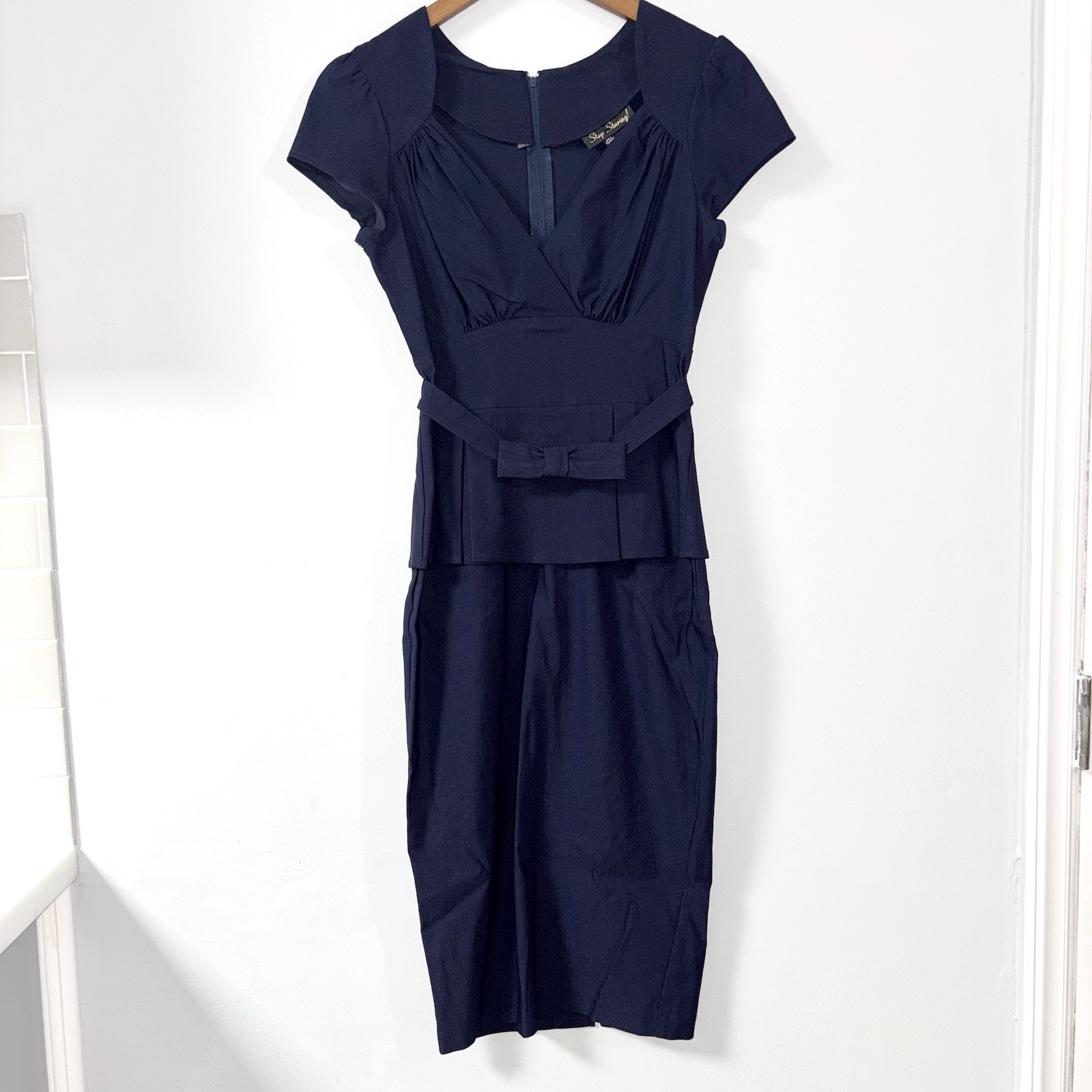 Stop Staring Sweetheart Peplum Midi Fitted Navy Blue Dress Rockabilly Medium