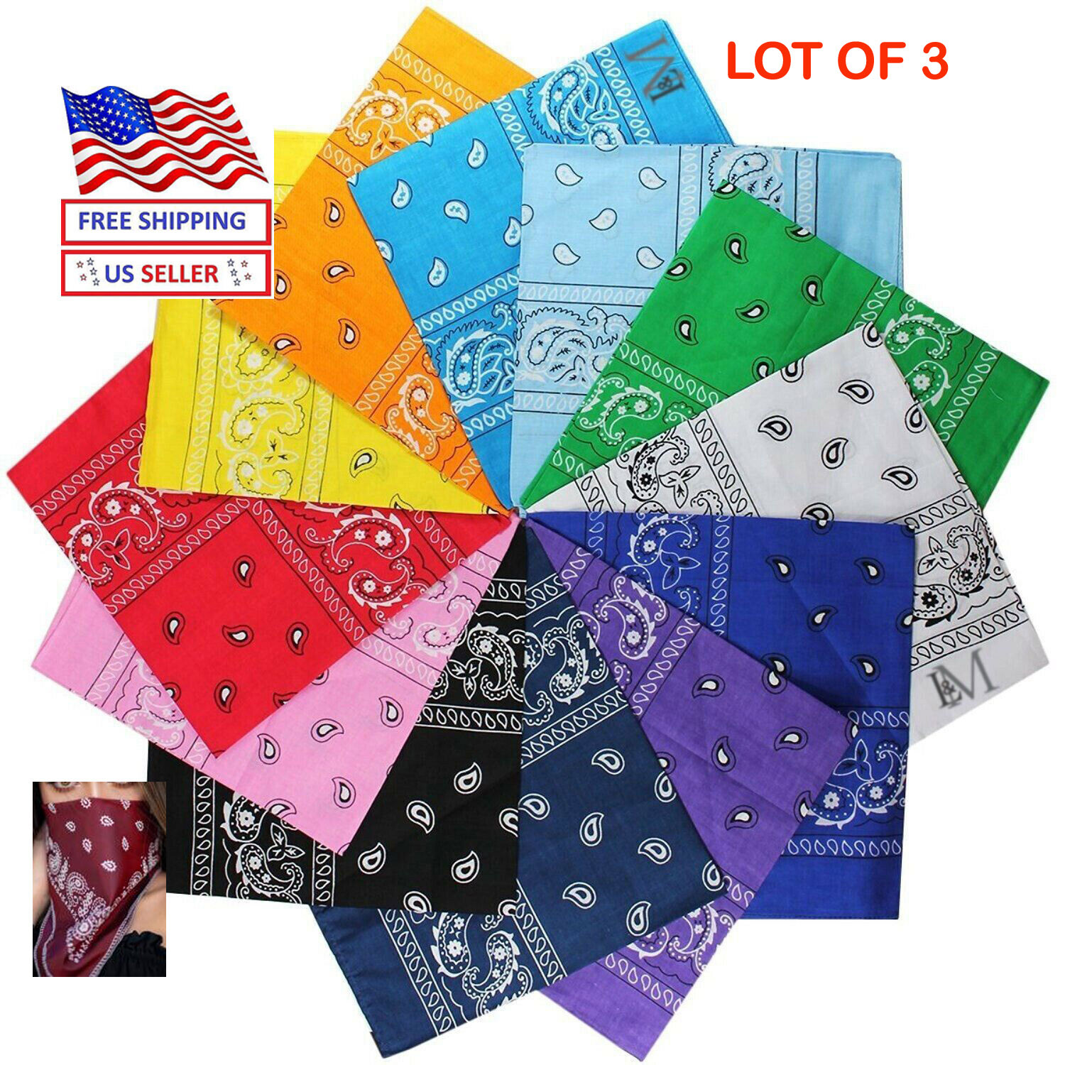 LOT OF 3,12– Bandana Cotton Paisley Print Double-Sided Scarf Neck Face Mask