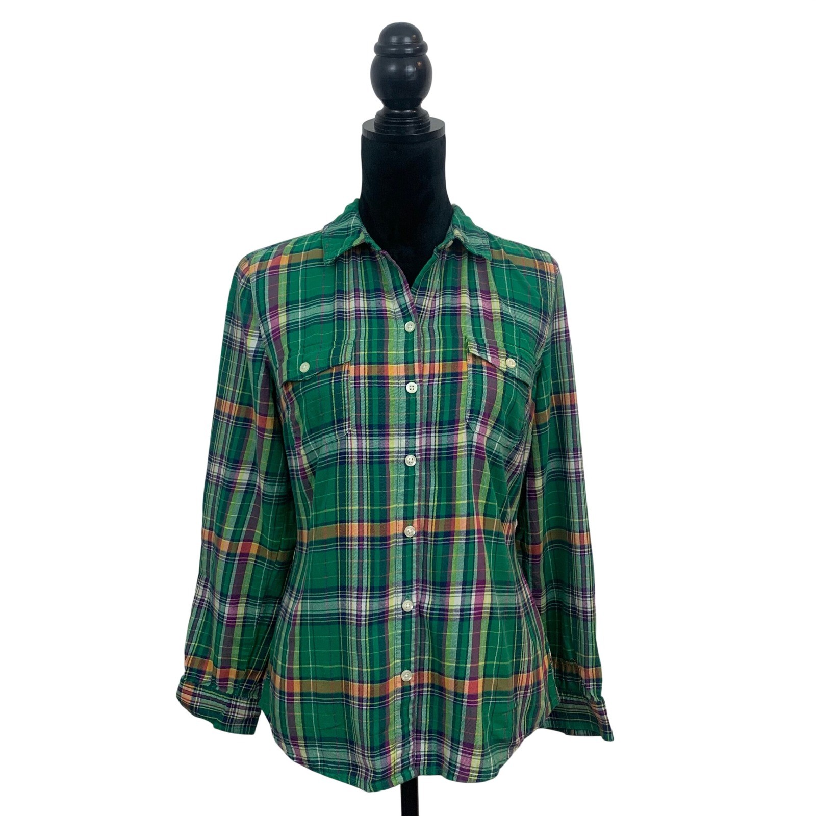 Old Navy Women’s M Green Plaid Button Down Shirt Long Sleeve Cotton Top