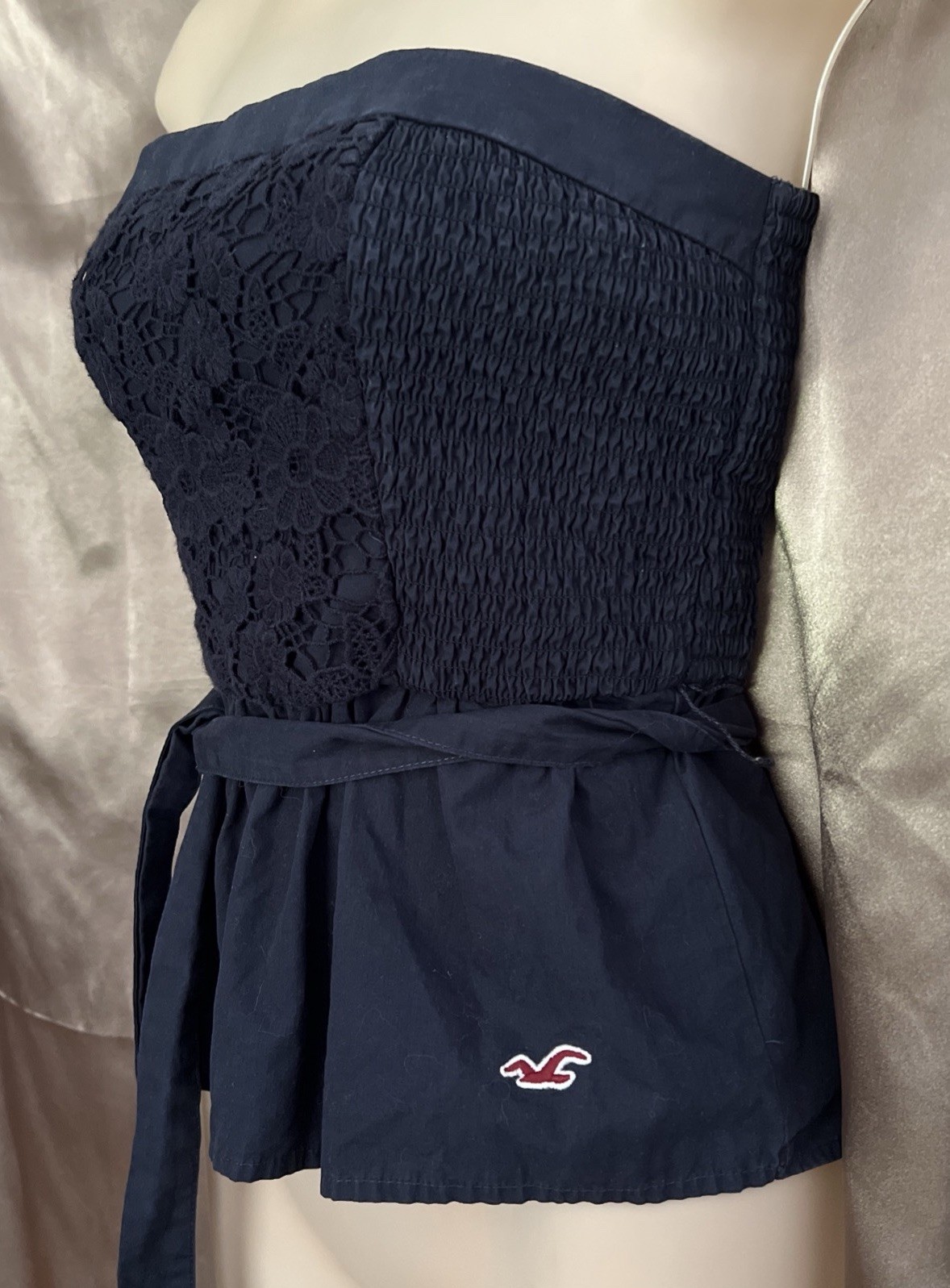 Hollister VTG Y2K 100% Cotton Navy Stretch Crochet Front Tube Top Sz S Vintage