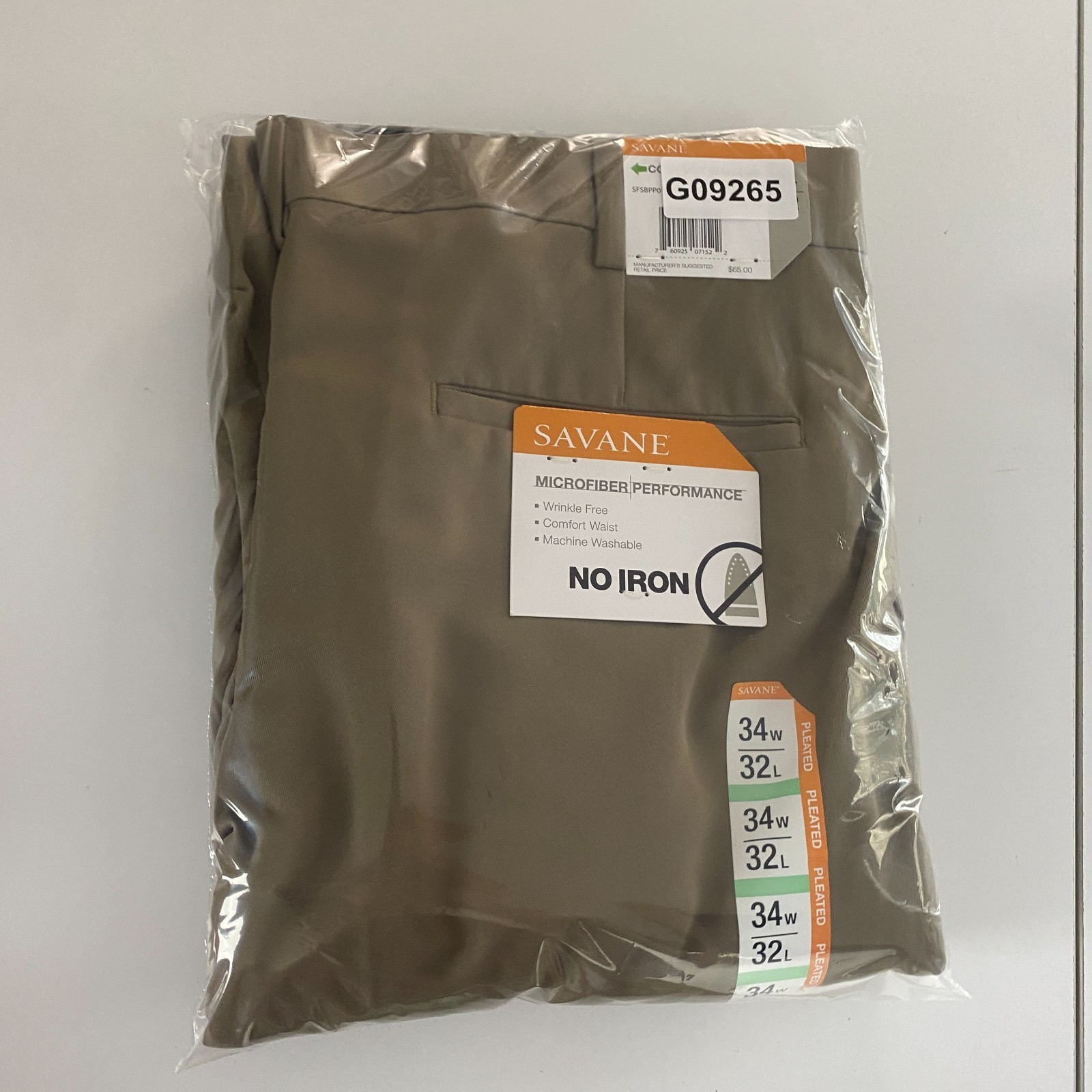 Savane Pleated Cuffed No Iron Performance Pants Size 34×32 Khaki Comfort Waist