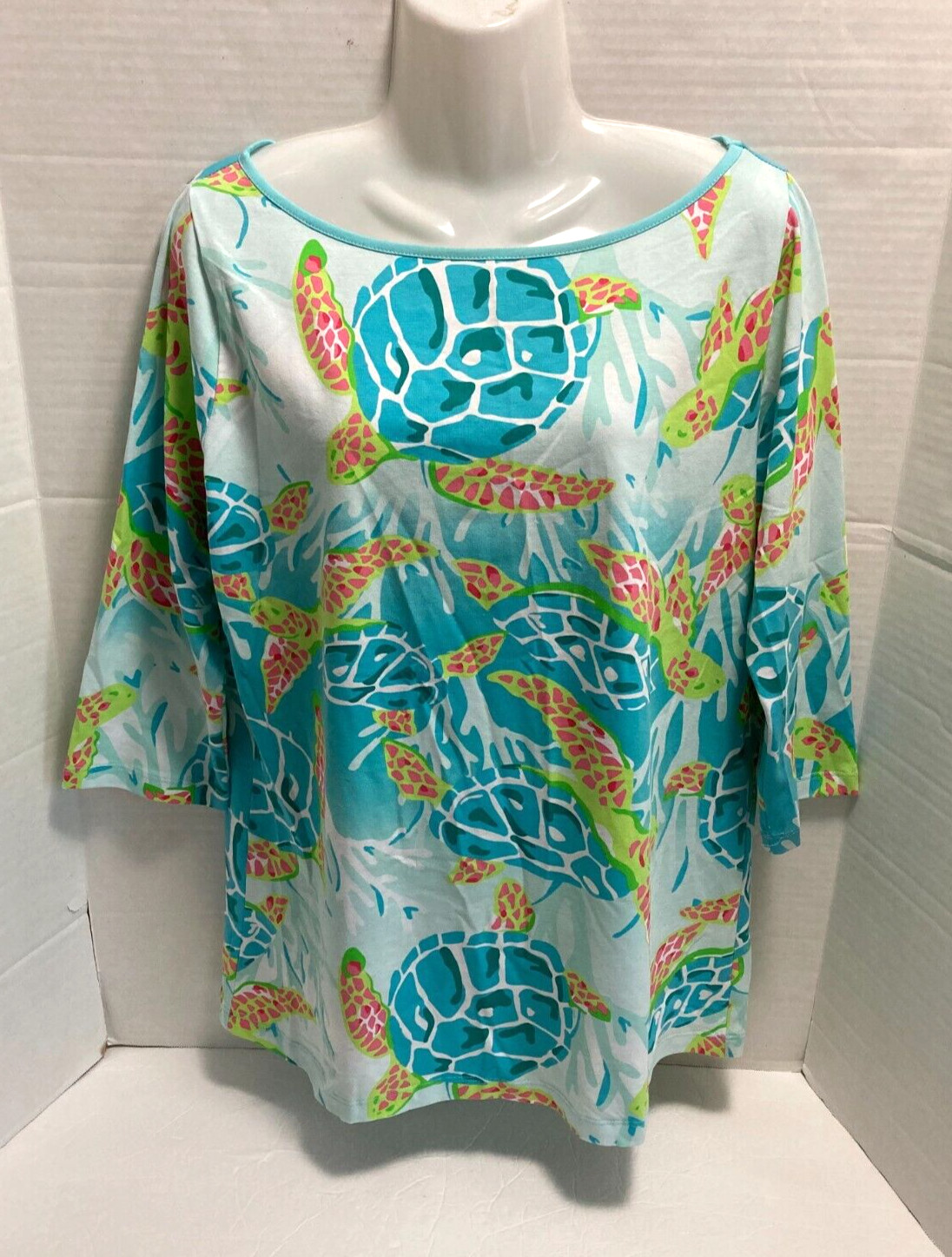 Ana Clare Resort Wear Top 3/4 sleeve soft stretchy turtle print turquoise L