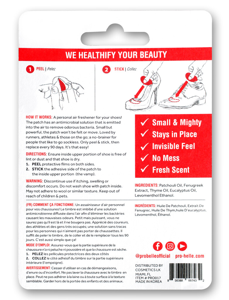 Probelle Shoe Deodorant Patch. Eliminates Shoe Odor Naturally for 90 Days