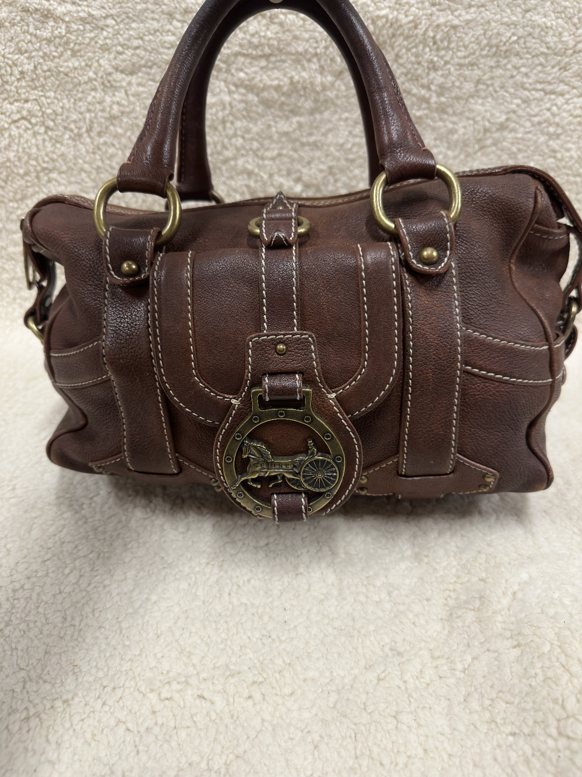 Celine Brown Leather Handbag Handle Purse Satchel Horse Buggy Logo Dust Bag Tags