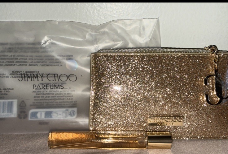Jimmy Choo Gold Glitter Wallet & I Want Choo Le Parfum EDP 7.5ml Travel Spray