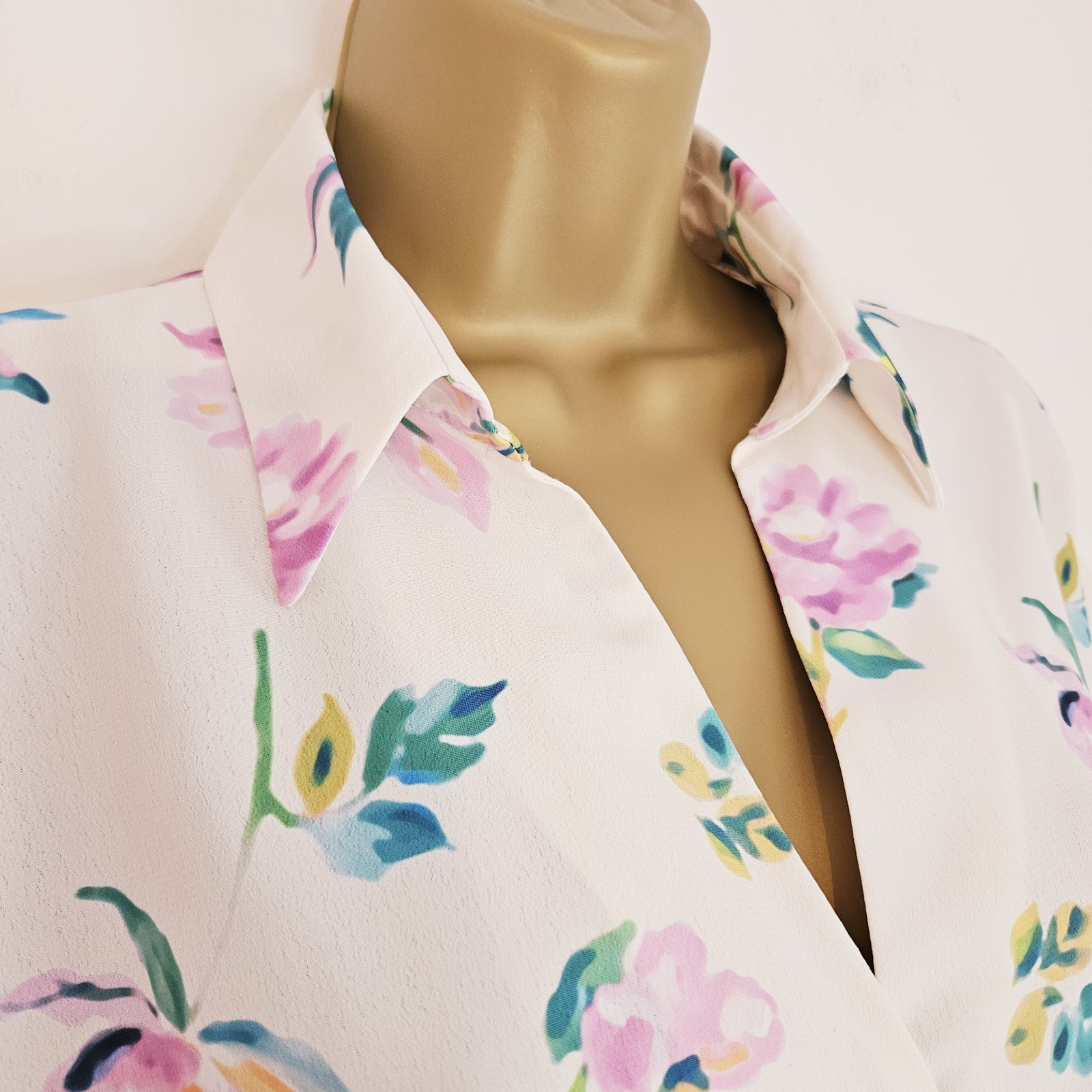 NEW DP 8-22 Crepe Chiffon Collared Floral Print White Pink Blue Green Blouse Top