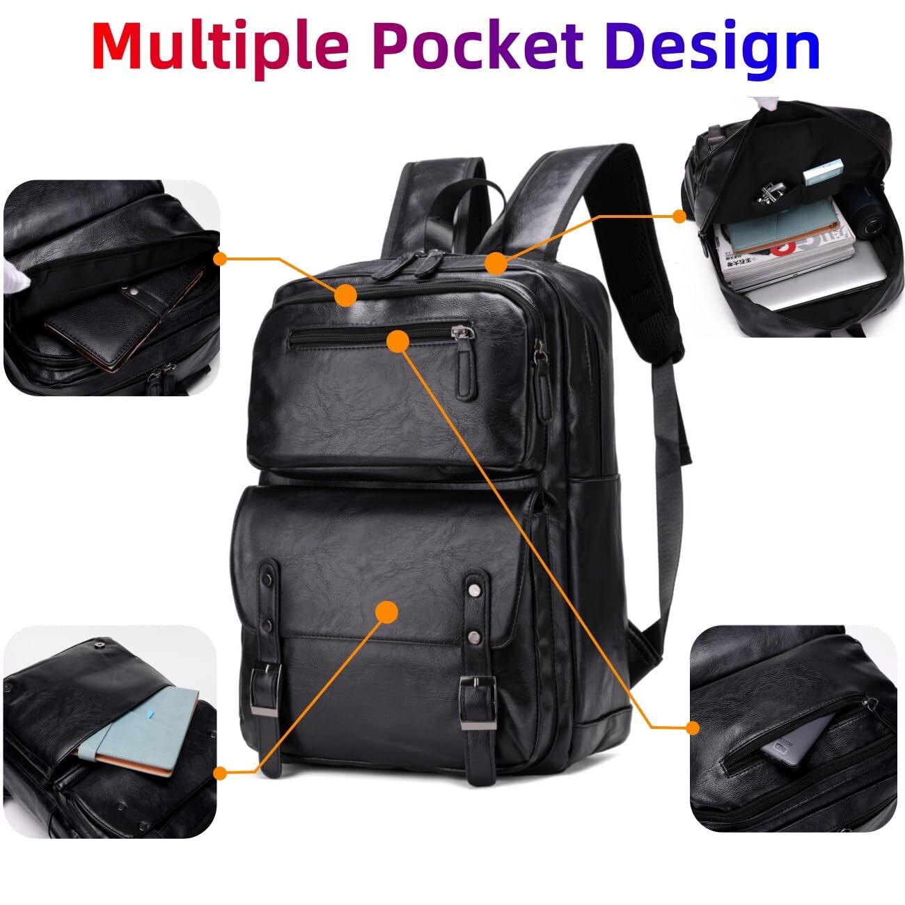 PU Casual Backpack Men’s casual Leather laptop backpack Daily commuter leathe…