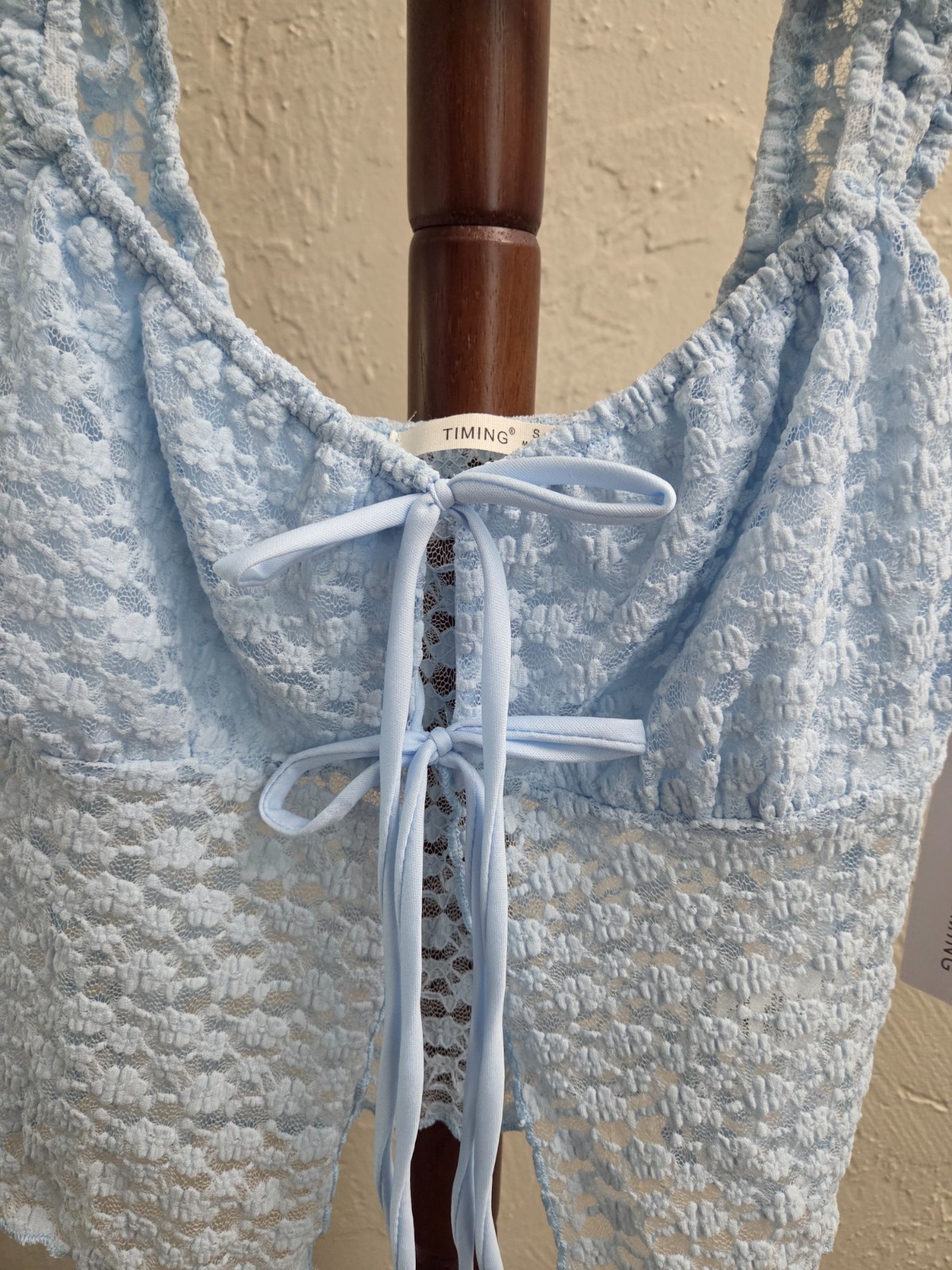 T161. Women’s Spring Summer Festival Blue Lace Tie-Front Top